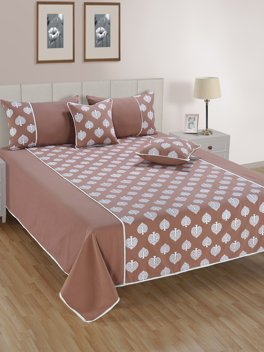 Buy SWAYAM Set Of 5 Brown & White Ethnic Motifs 120TC Pure Cotton Bed