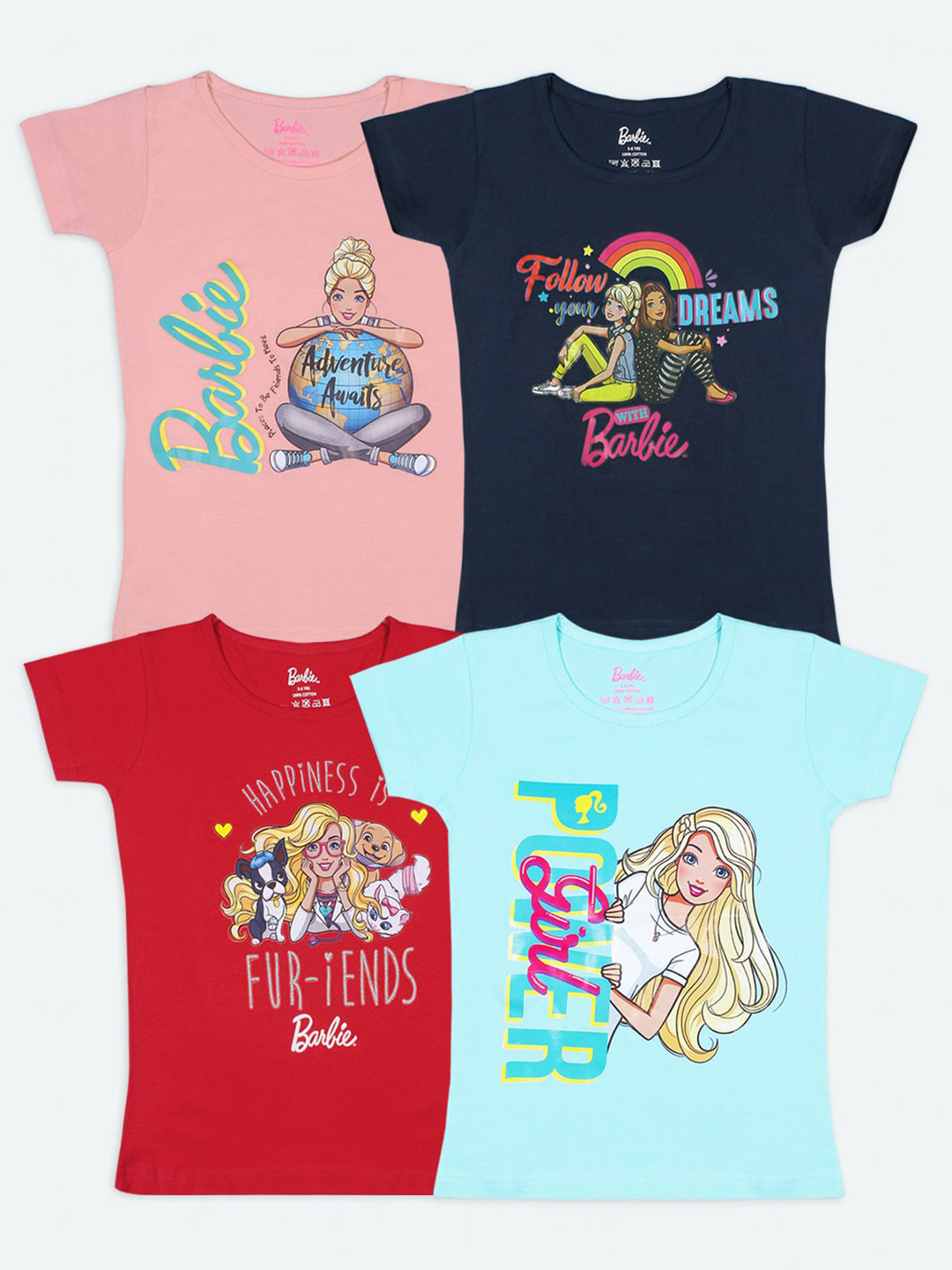 Buy Barbie Girls Multicoloured Pack Of 4 Barbie Printed T Shirt - Tshirts for Girls 14796288
