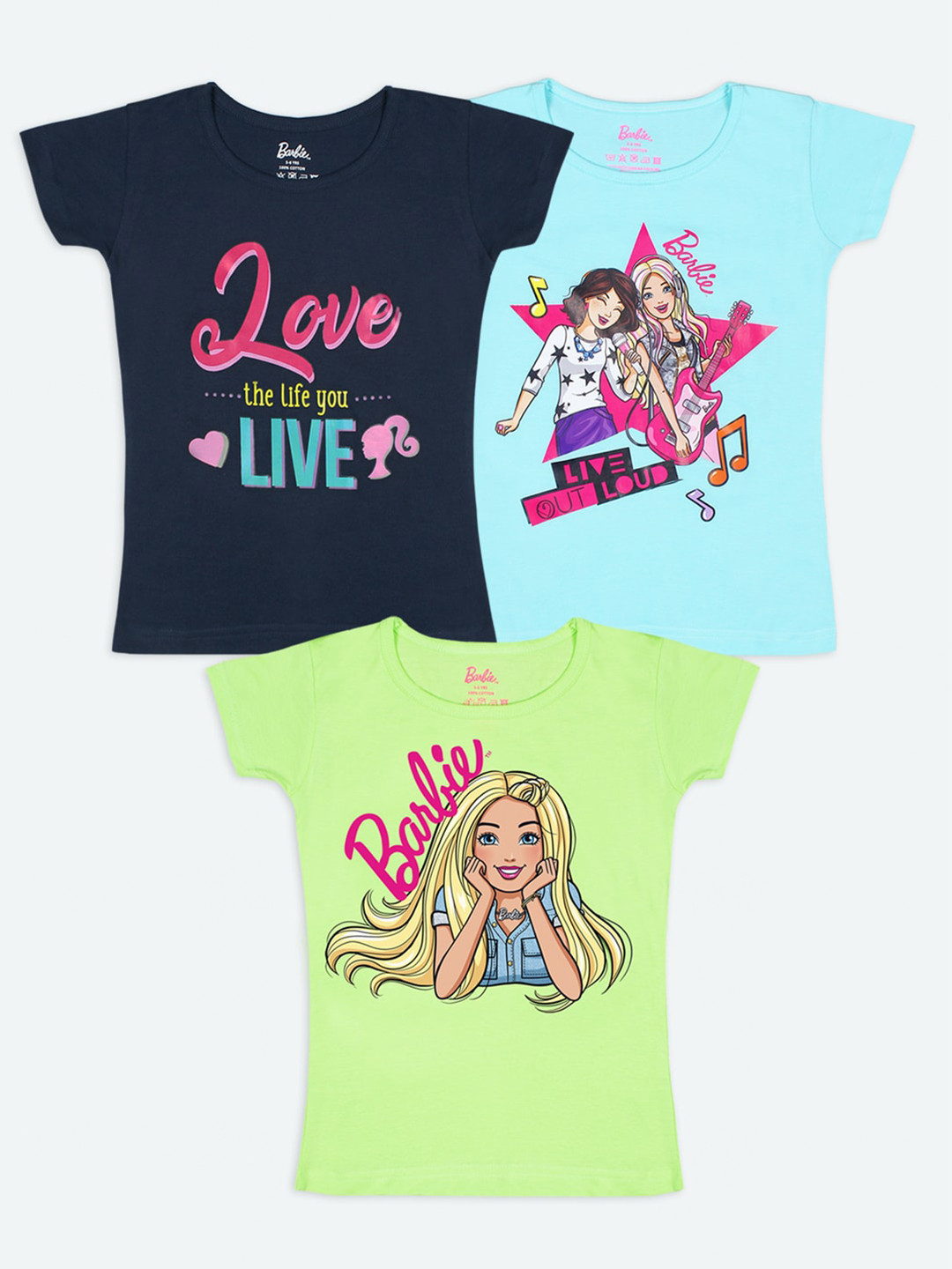 Buy Barbie Girls Pack 3 Multicoloured Typography Printed T Shirt - Tshirts for Girls 14796258