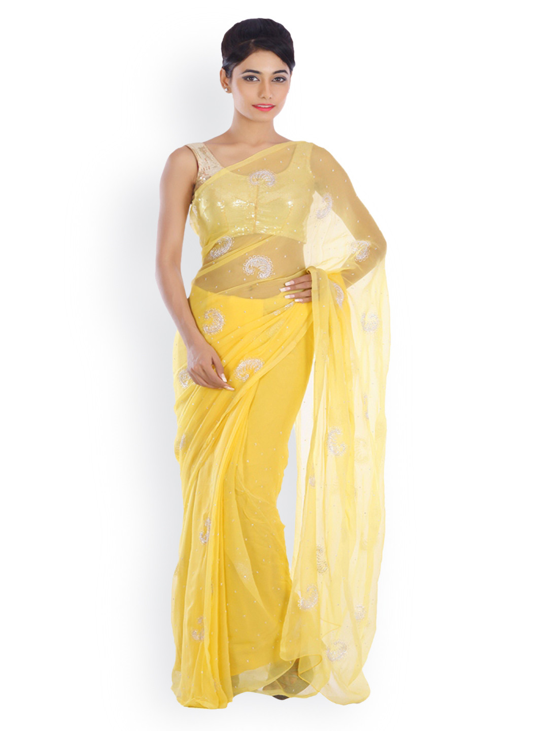 Buy Geroo Jaipur Yellow Chiffon Embellished Saree Sarees for Women