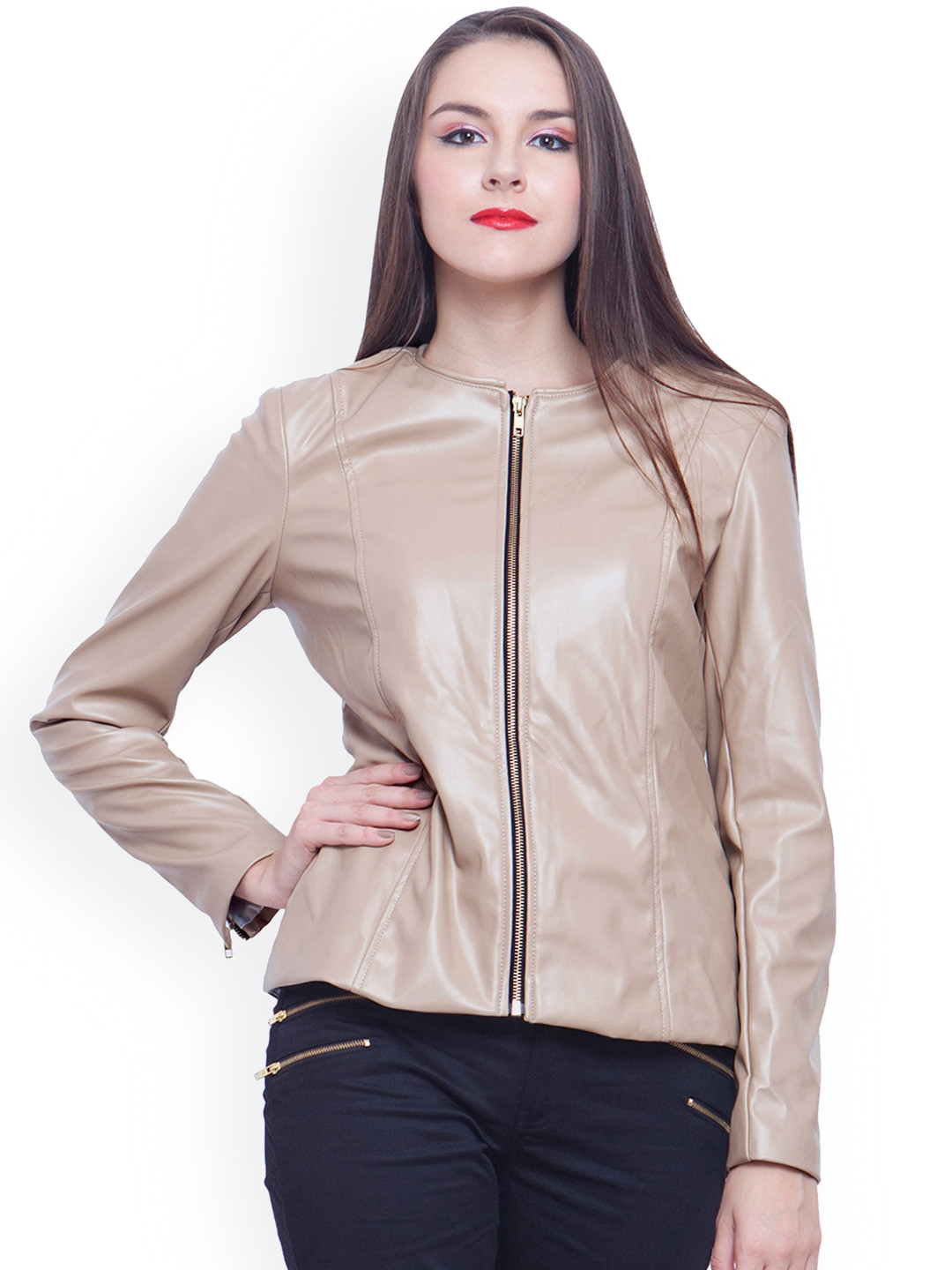 Buy FabAlley Cream Coloured Leather Jacket Jackets for Women 1041262