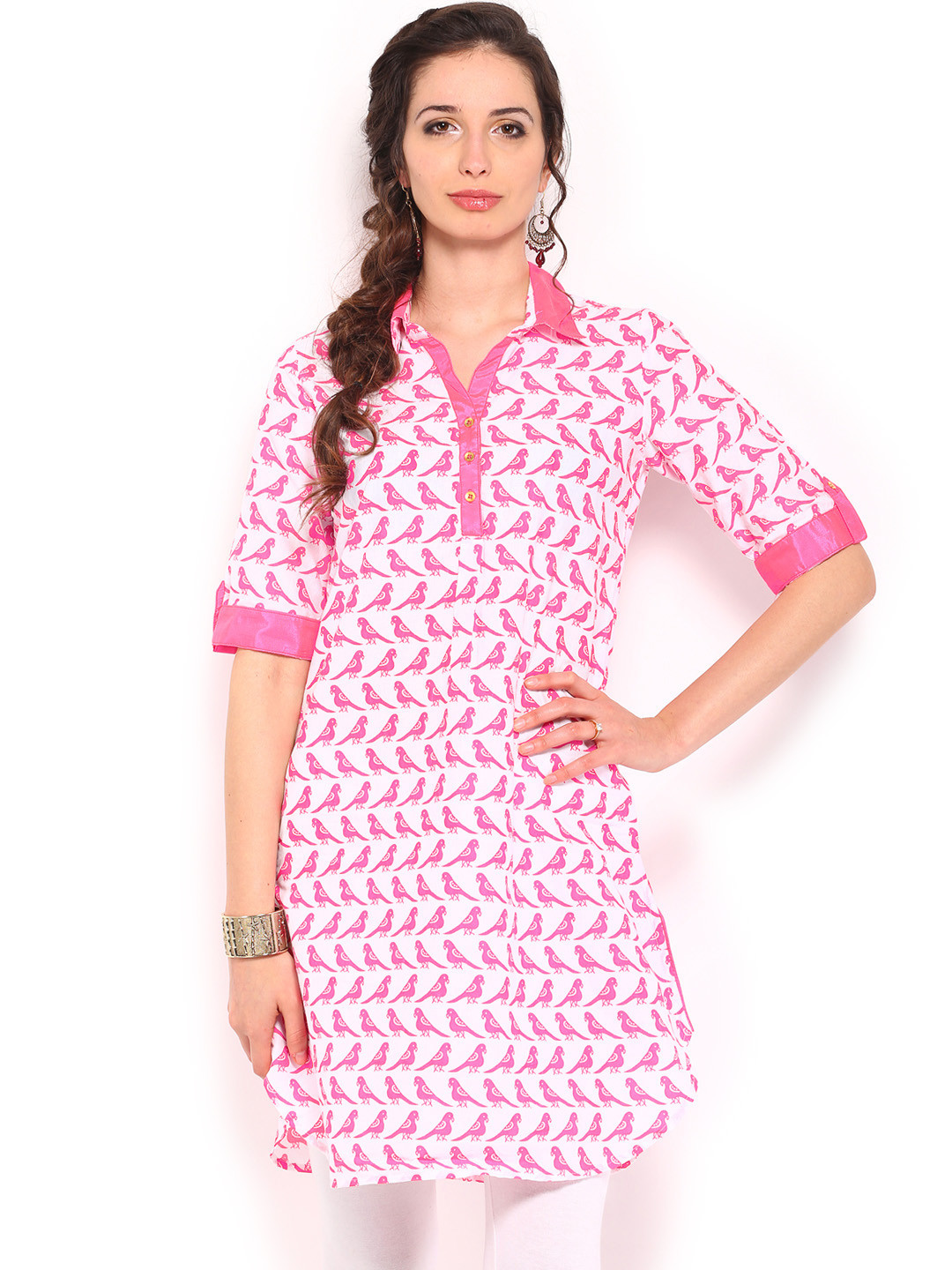 Buy BIBA OUTLET Women White & Neon Pink Parrot Print Kurta Kurtas for