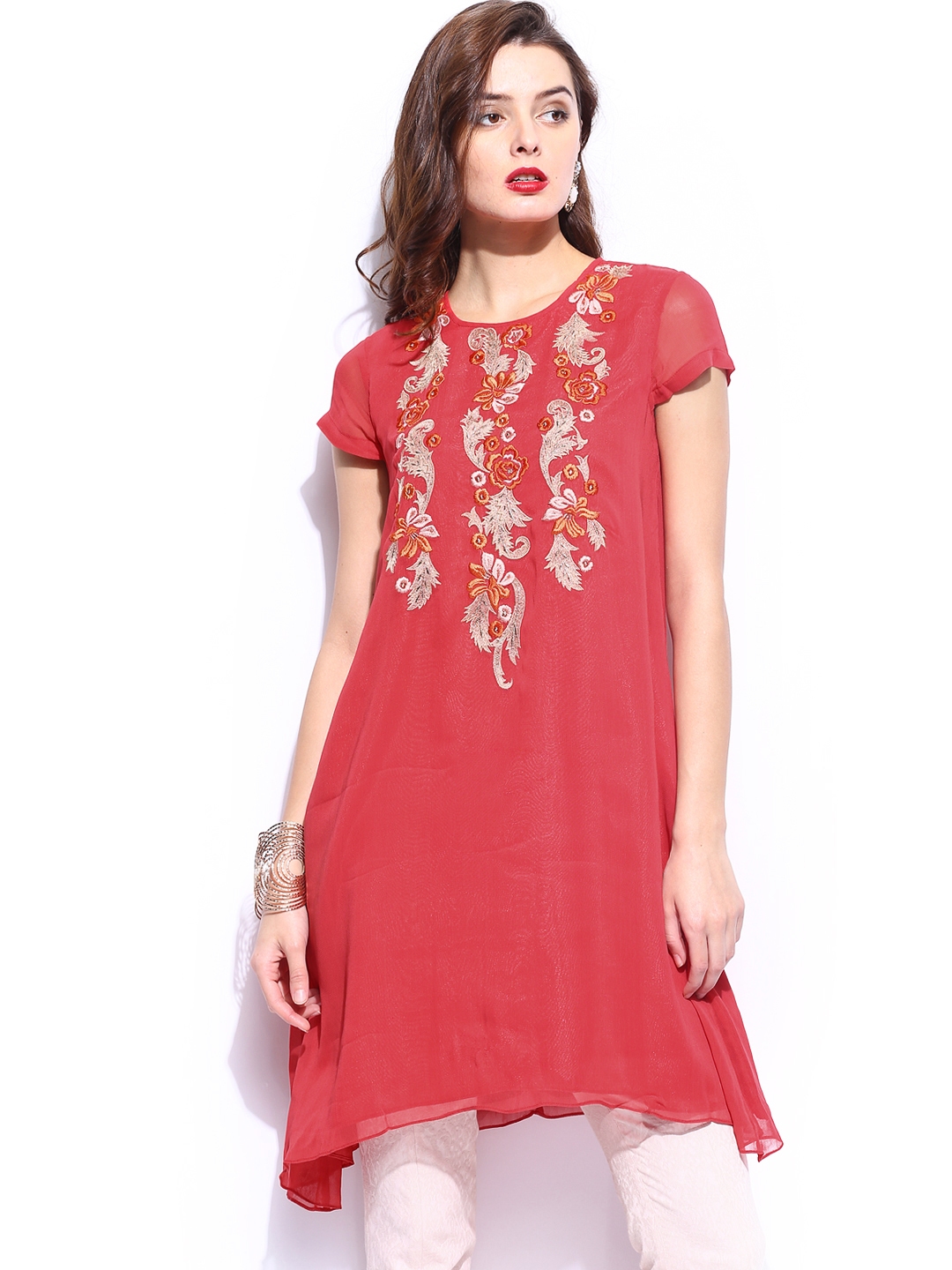 Buy Wills Signature By Ranna Gill Coral Red Embroidered Tunic - Tunics ...