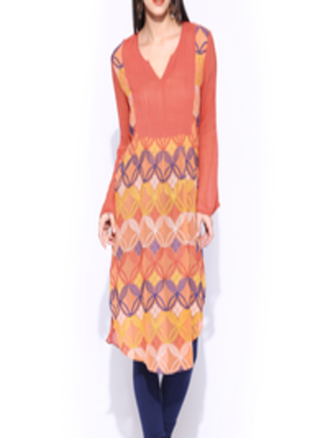 Buy Omana By Kavita Bhartia Women Coral Pink & Orange Embroidered Tunic ...
