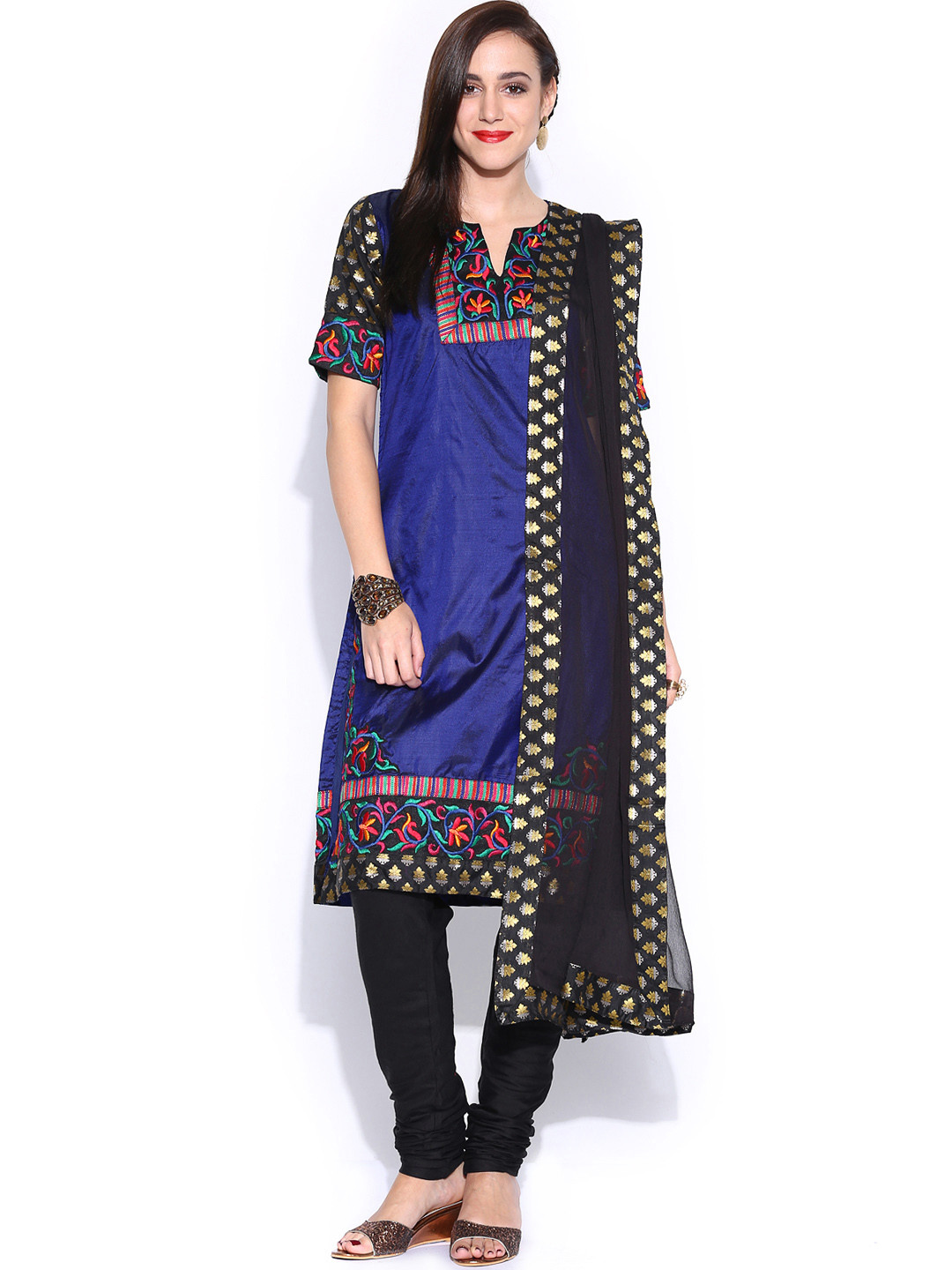 Buy BIBA Women Navy & Black Silk Churidar Kurta With Dupatta Kurta