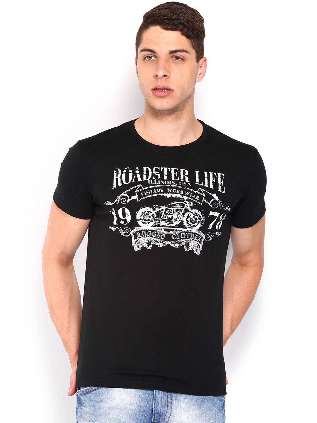 Buy Roadster Men Black Printed Pure Cotton T Shirt - Tshirts for Men ...