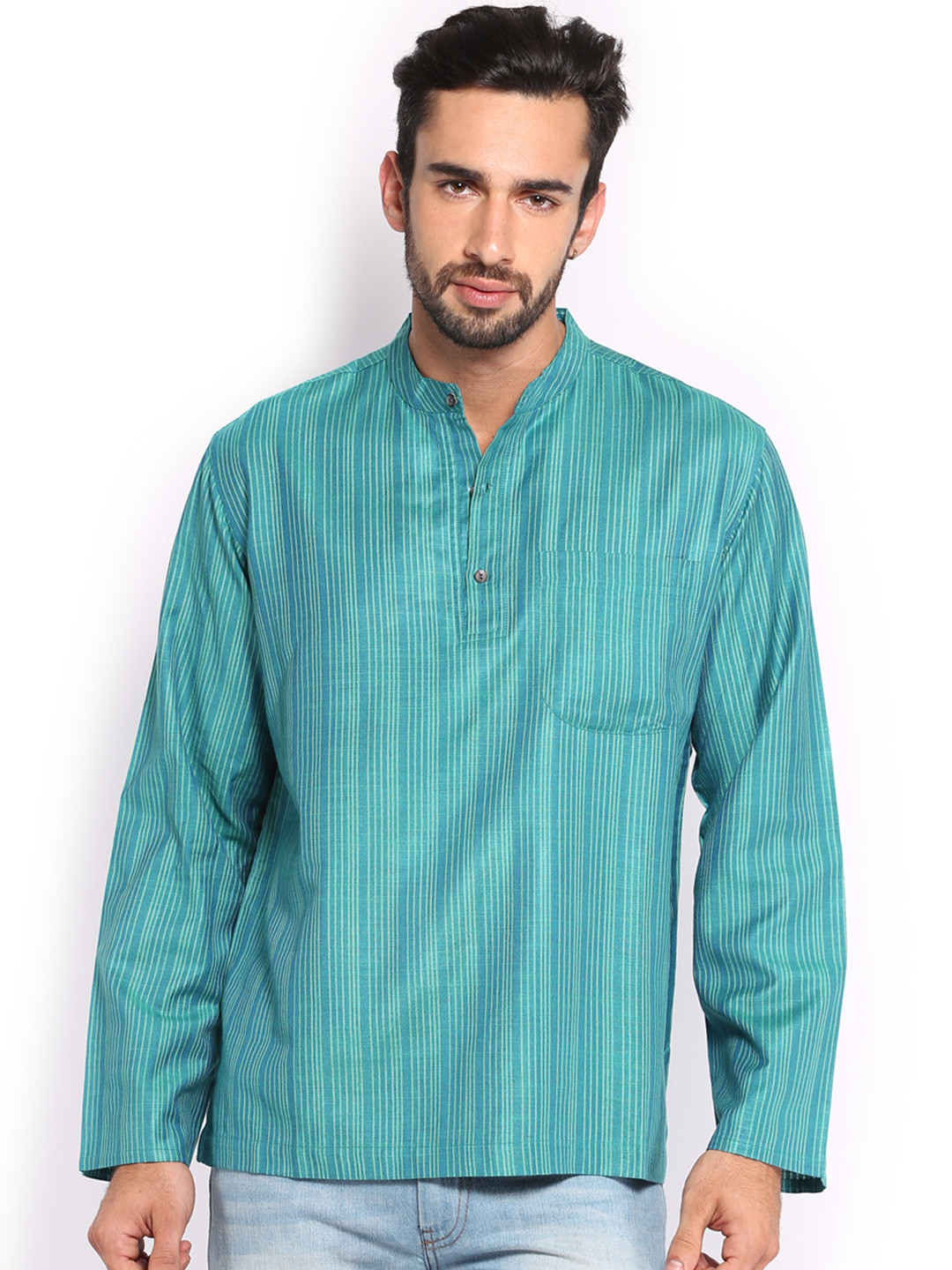 Buy Fabindia Men Blue Tussar Silk Striped Short Kurta Kurtas for Men 474924 Myntra