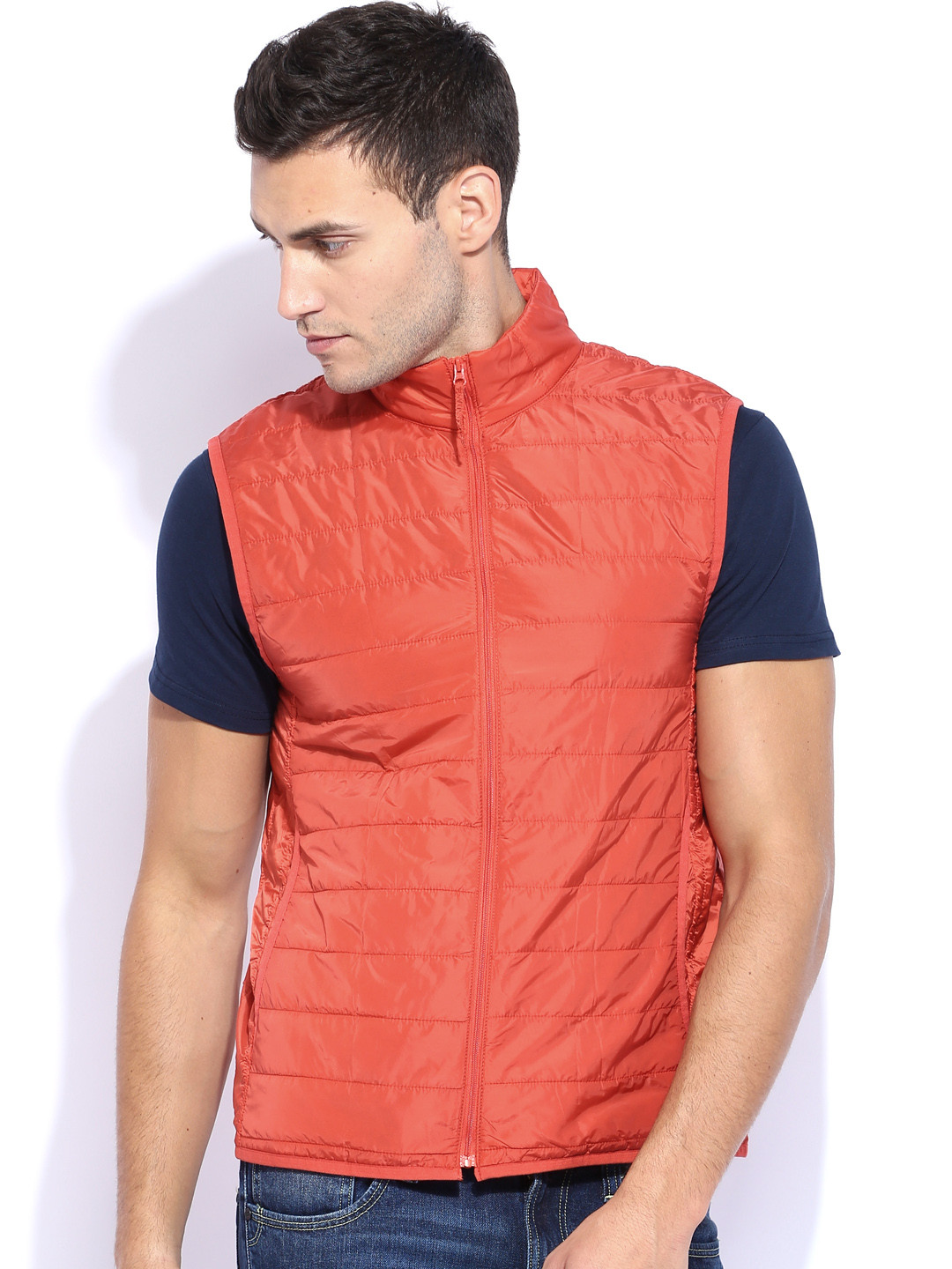 Buy Indian Terrain Men Coral Red Padded Sleeveless Gilet Jacket