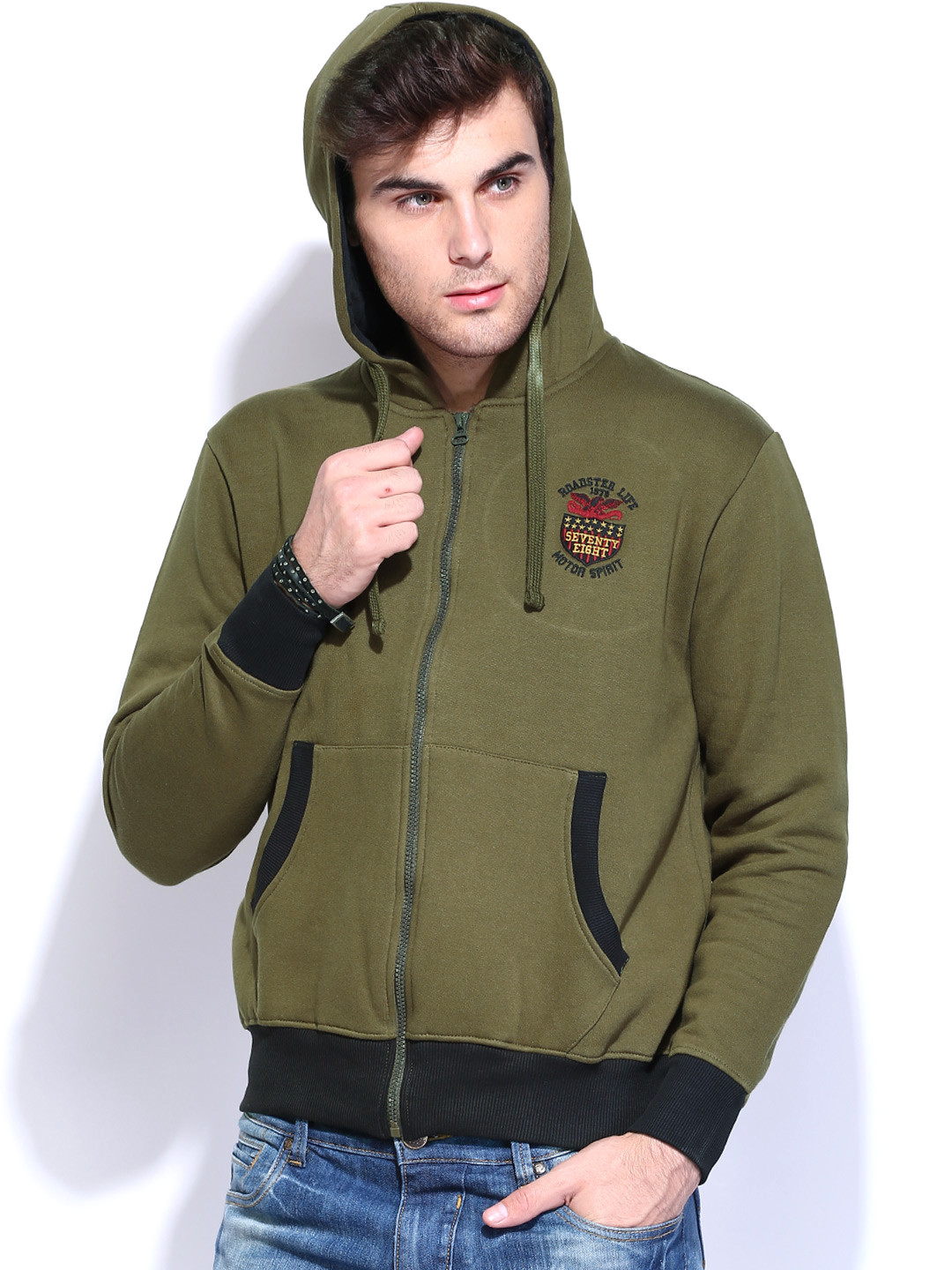 Buy Roadster Men Olive Green Hooded Sweatshirt Sweatshirts for Men