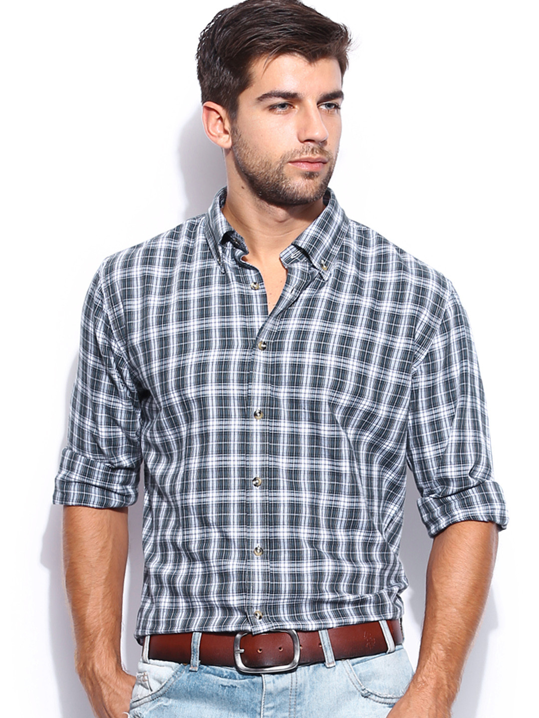 Buy H.E. By MANGO Men Blue & White Checked Slim Fit Smart Casual Shirt Shirts for Men 590855
