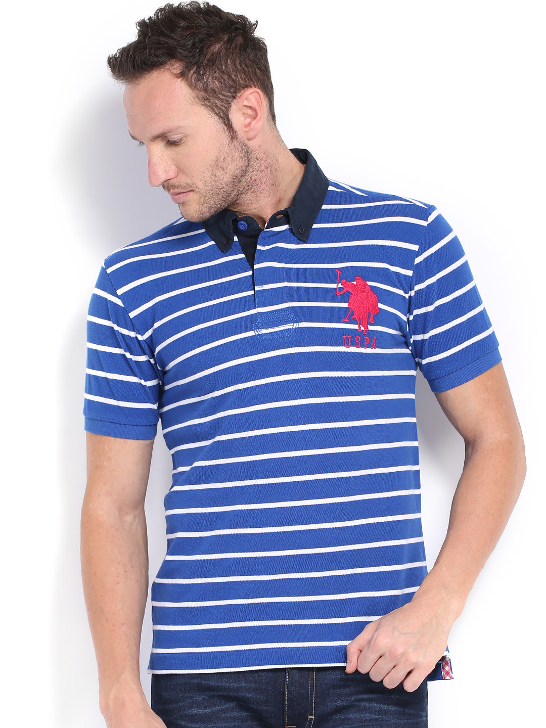 Buy U.S. Polo Assn. Men Blue White Striped Polo Pure Cotton T Shirt ...