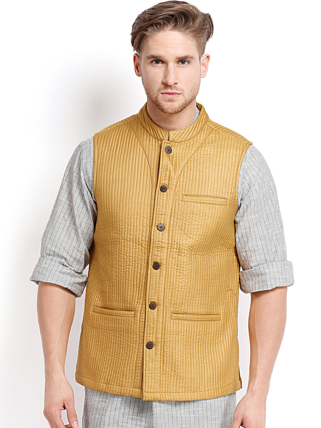 Buy Fabindia Men Mustard Yellow Tussar Silk Cotton Nehru Jacket Nehru