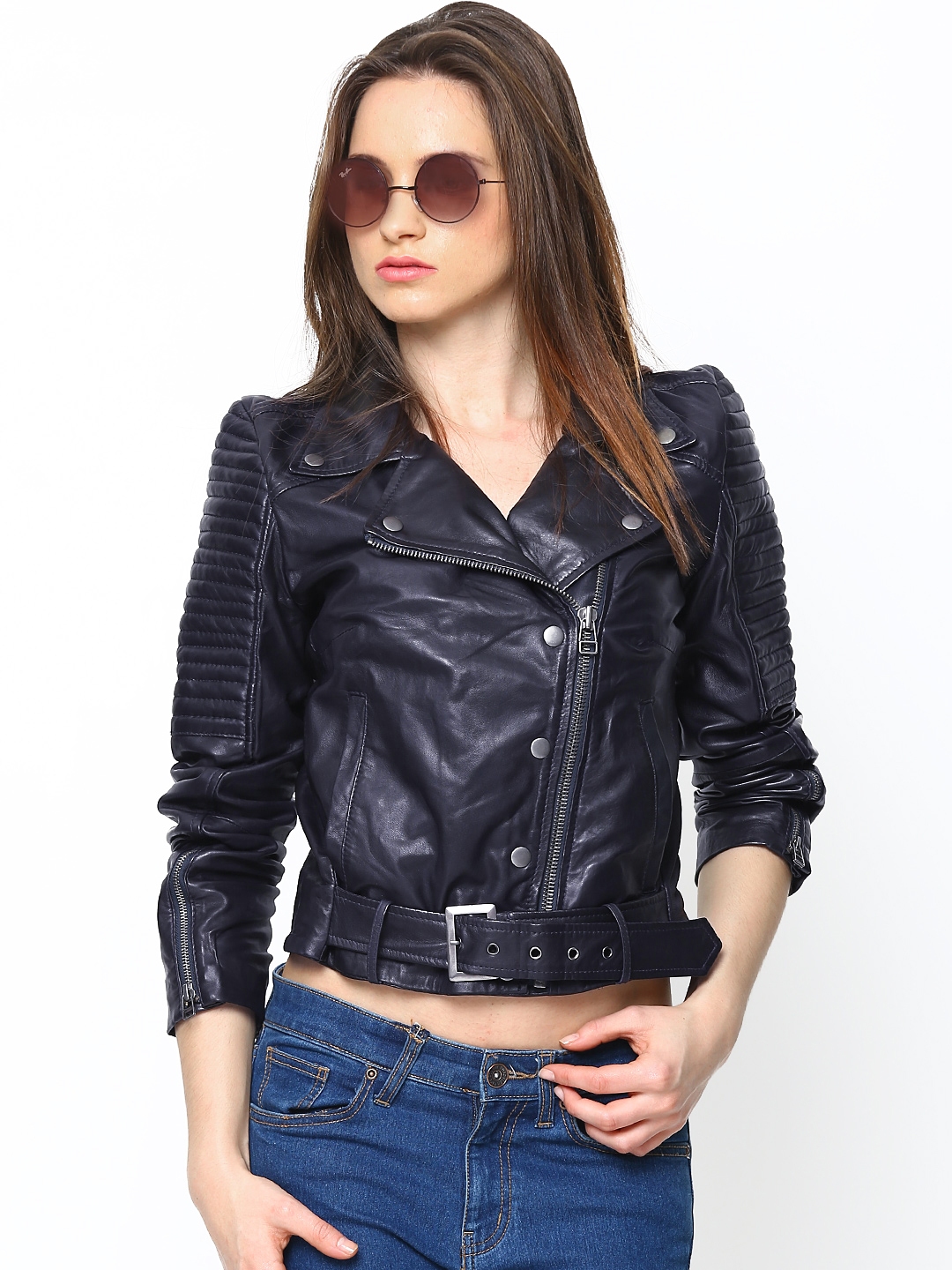 Buy BARESKIN Women Navy Leather Cropped Jacket - Jackets for Women ...