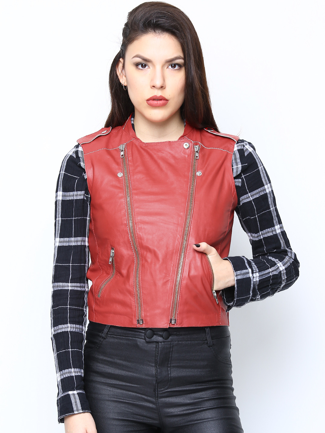 Buy BARESKIN Women Red Leather Sleeveless Jacket Jackets for Women 619315 Myntra