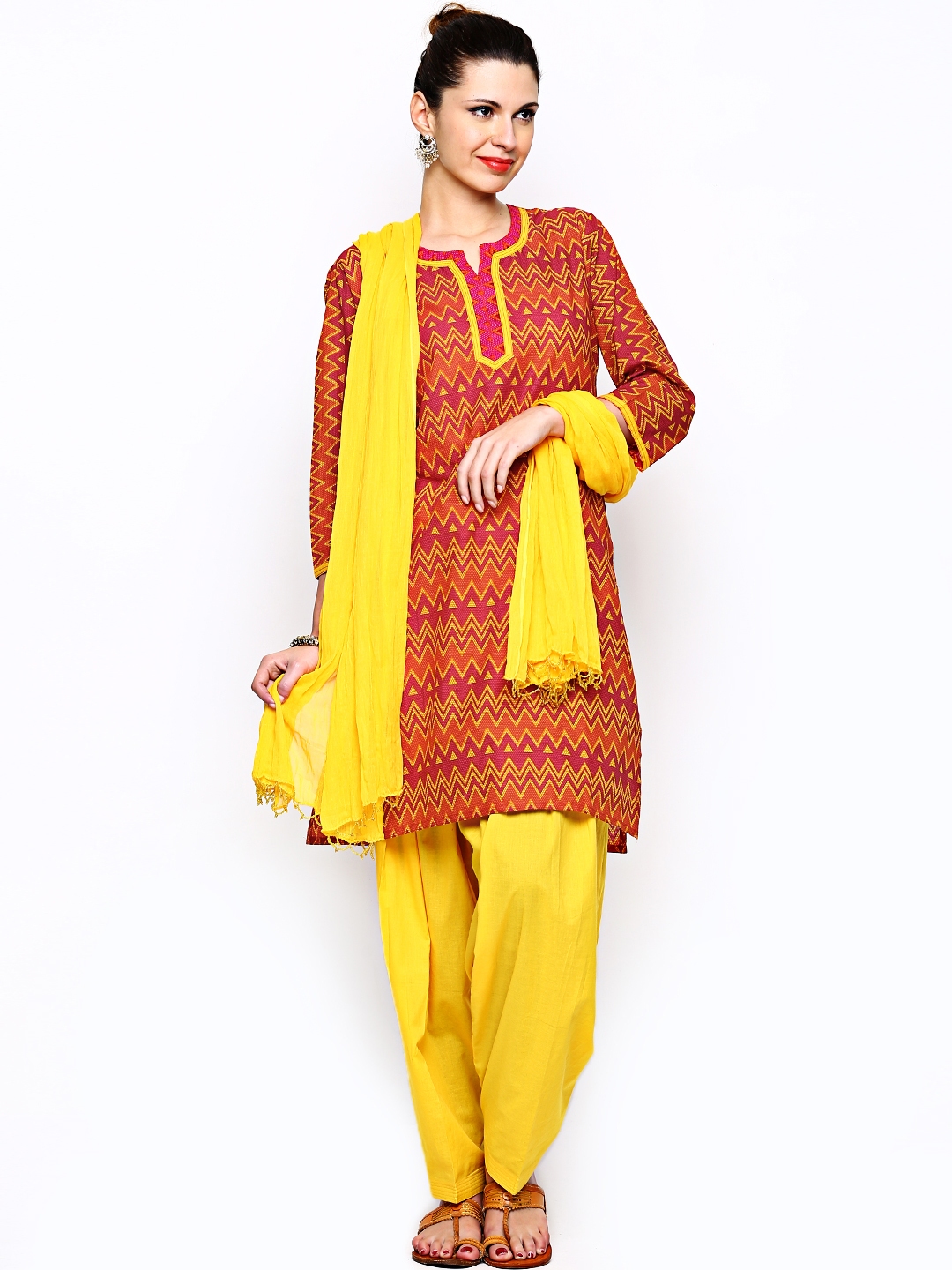 Buy Jaipur Kurti Women Orange & Yellow Printed Salwar Suit With Dupatta ...