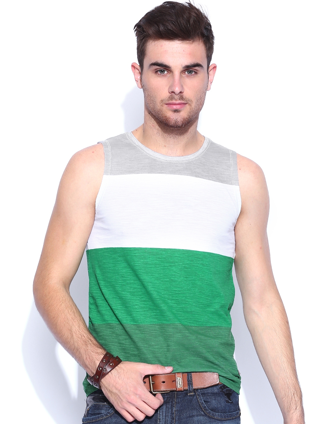 green strike off white shirt