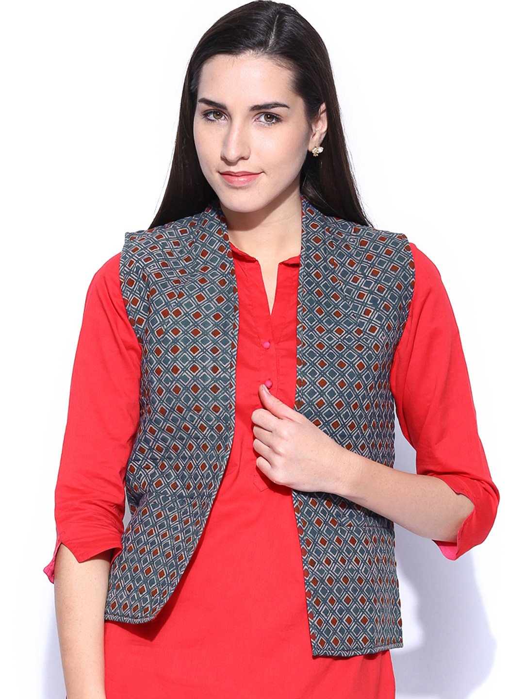 Buy Fabindia Women Blue & Brown Ajrakh Printed Sleeveless Jacket