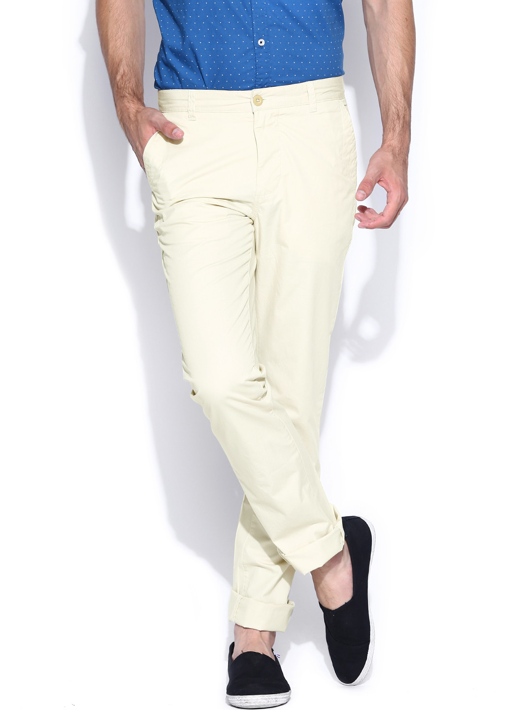 Buy Parx Men Cream Coloured Slim Fit Casual Trousers - Trousers for Men ...