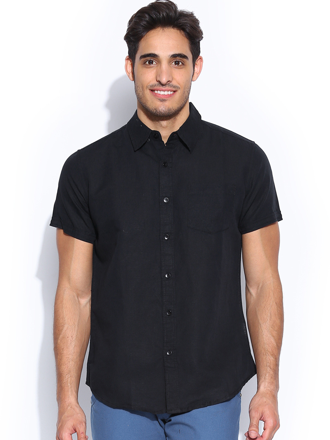Buy People Men Black Linen Smart Casual Shirt Shirts for Men 705084