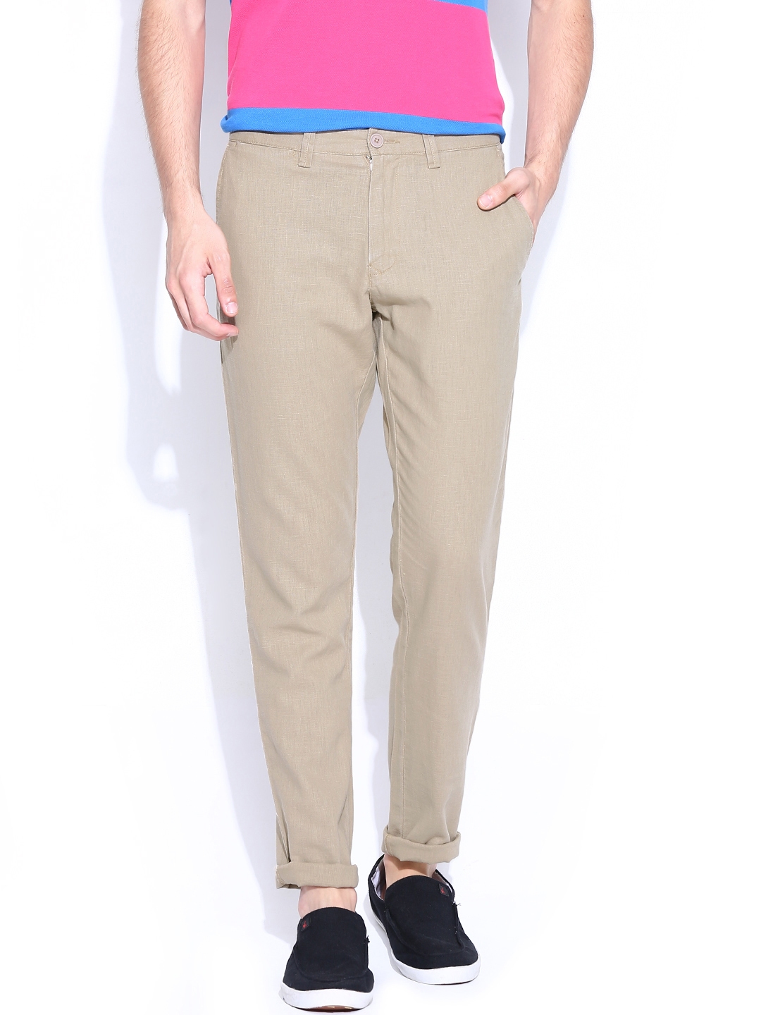 Buy United Colors Of Benetton Men Beige Slim Fit Linen Casual Trousers ...