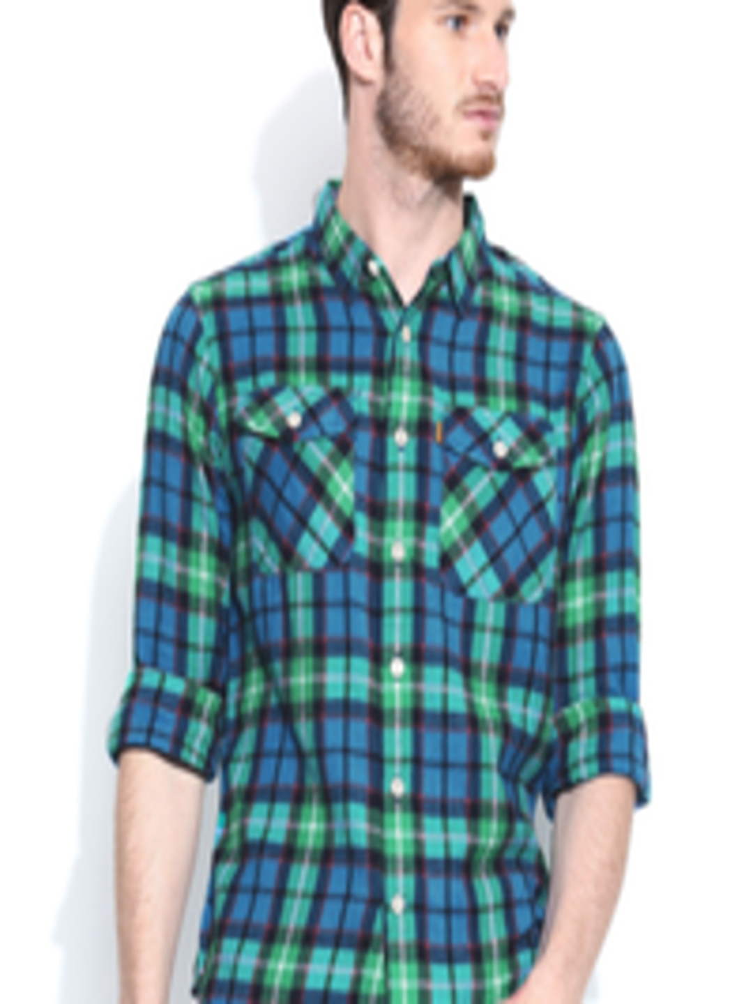 Buy CAT Blue & Green Checked Slim Casual Shirt - Shirts for Men 718395 ...