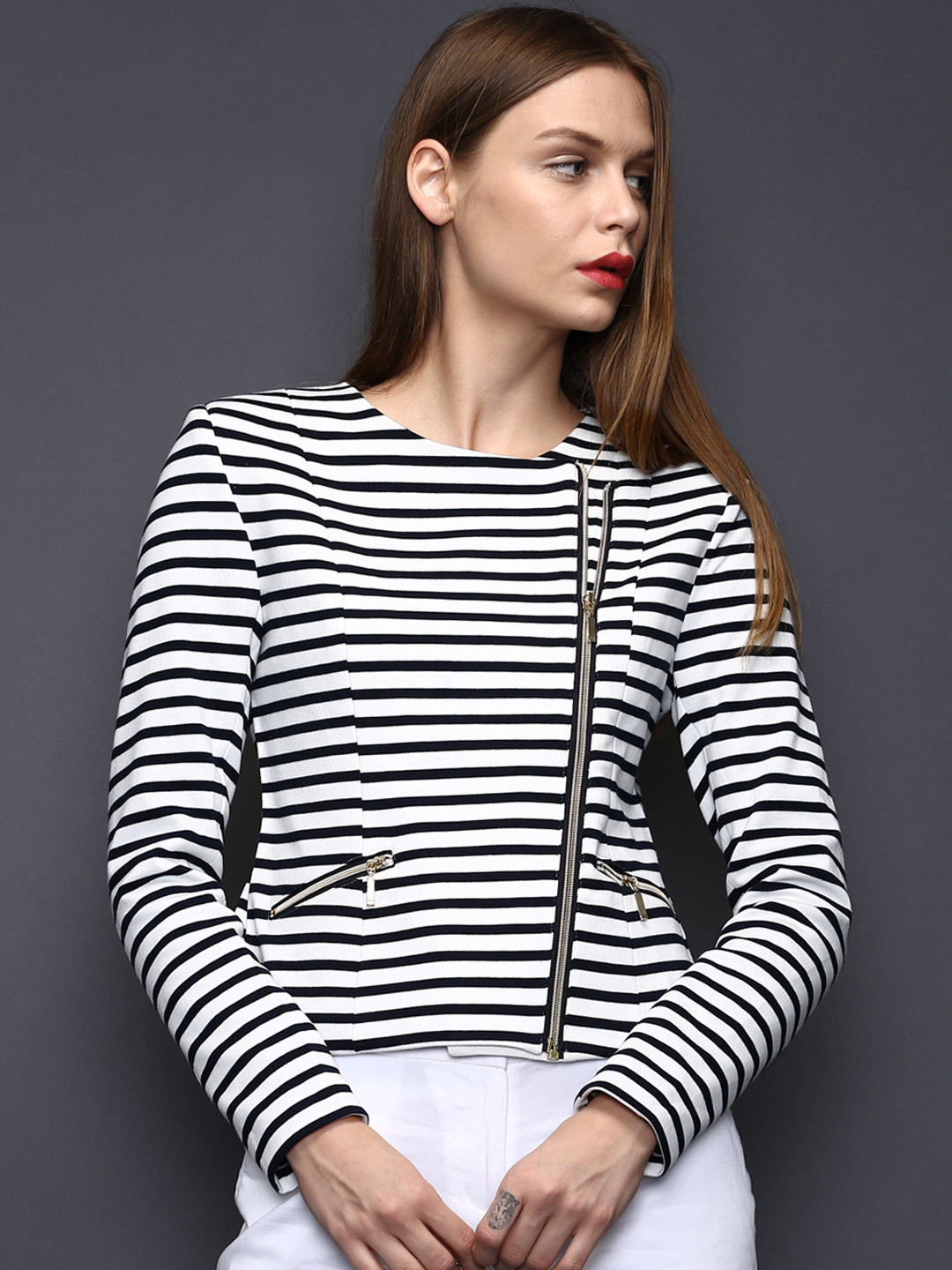 Buy SELA Women Black & White Striped Jacket Jackets for Women 730230