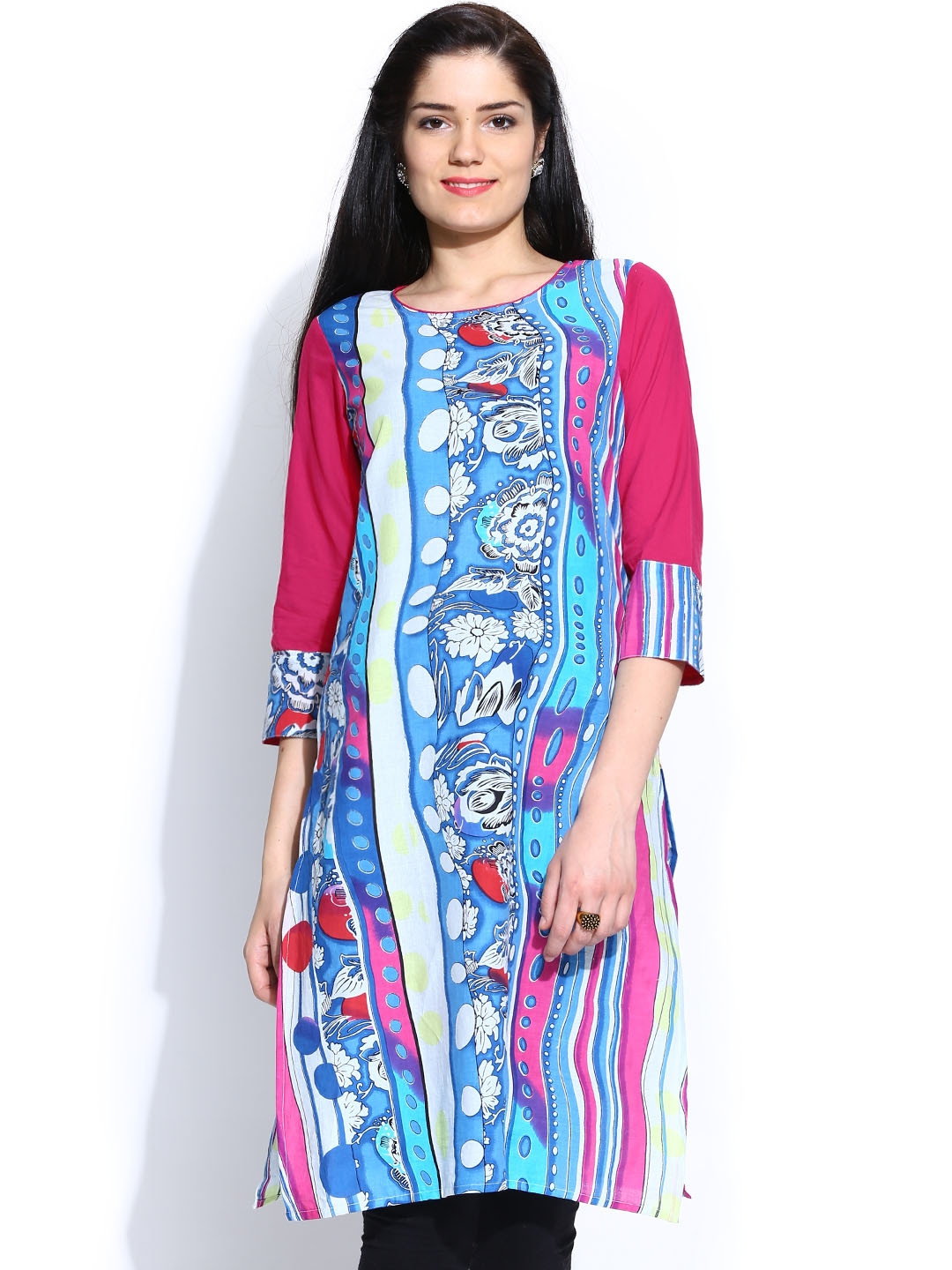 Buy Rain & Rainbow Women Pink & Blue Printed Kurta Kurtas for Women