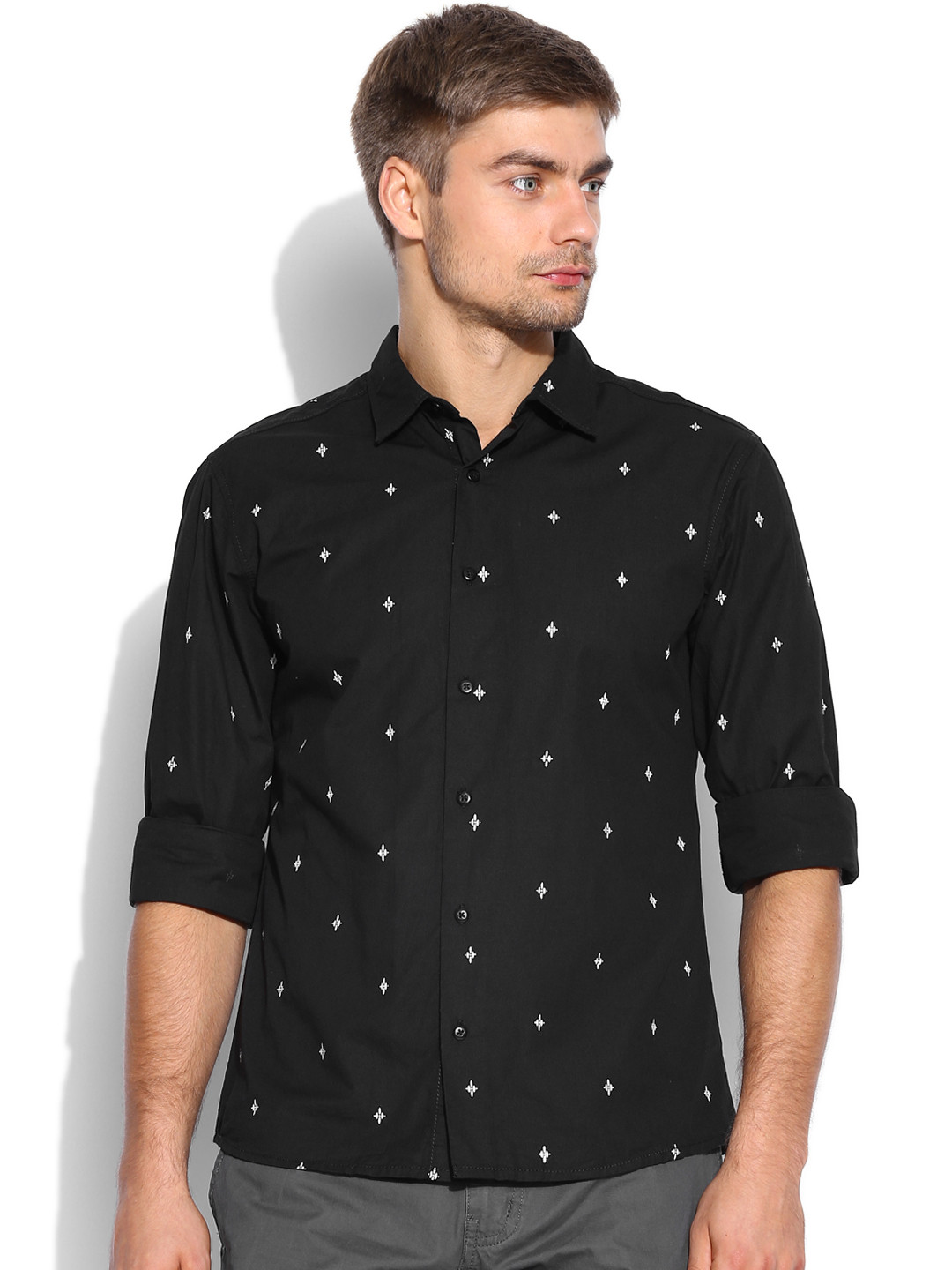 Men's Black Slim Fit Abstract Printed Cotton Casual Shirt