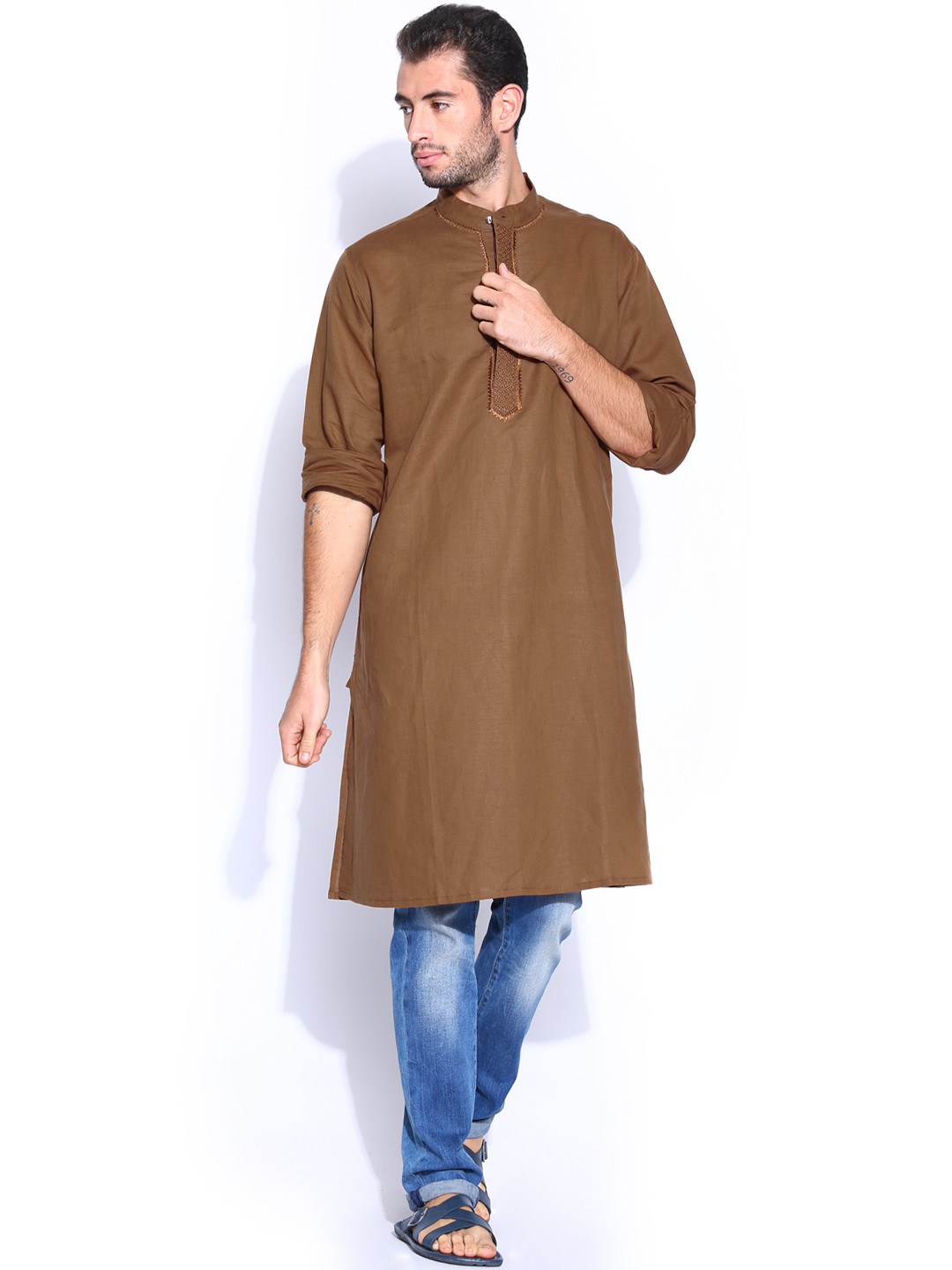 Brown Linen Kurta Jacket Set For Men With Kantha Embroidery main image 1