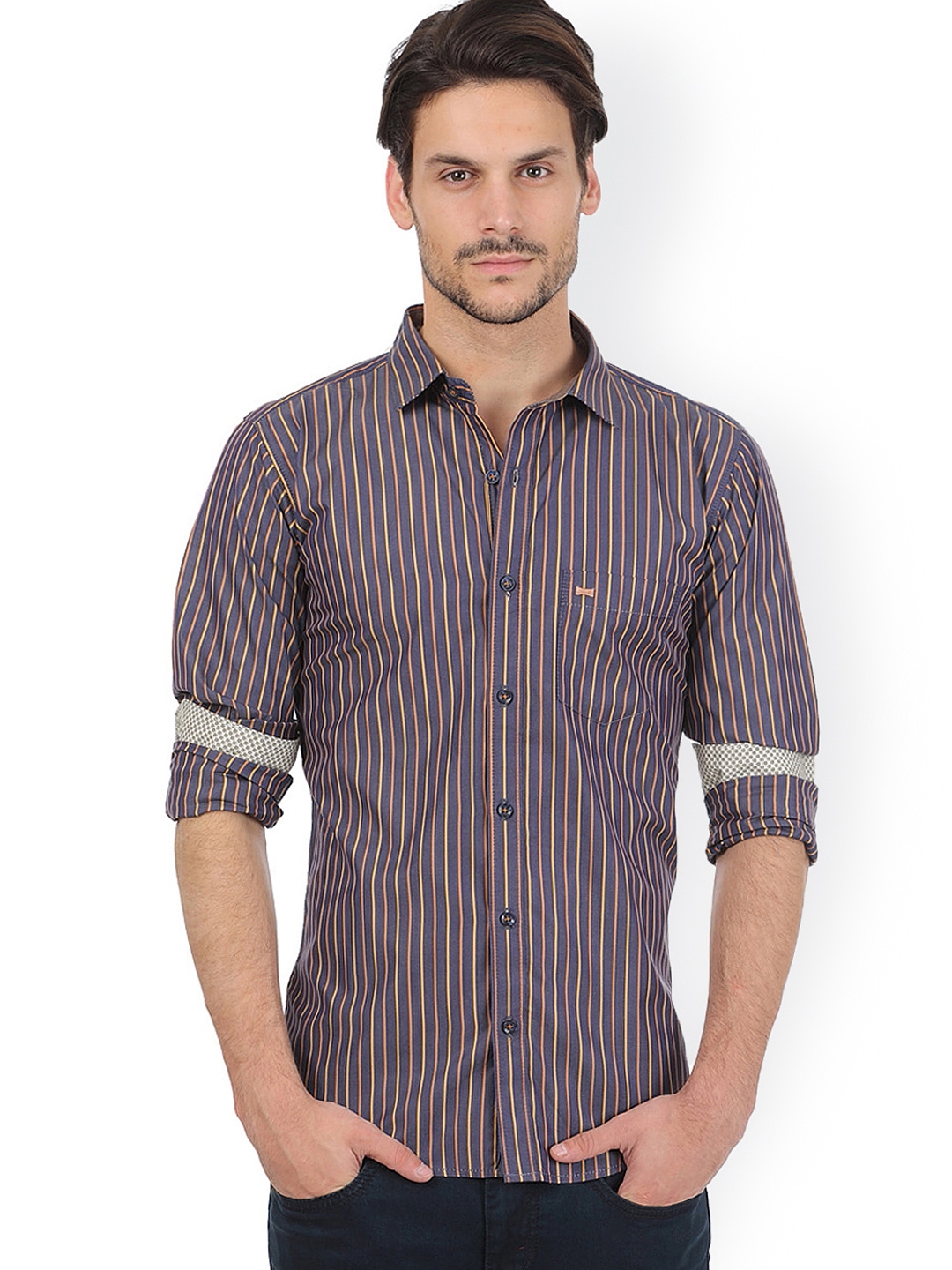 Buy Basics Men Navy & Brown Striped Casual Shirt - Shirts for Men ...