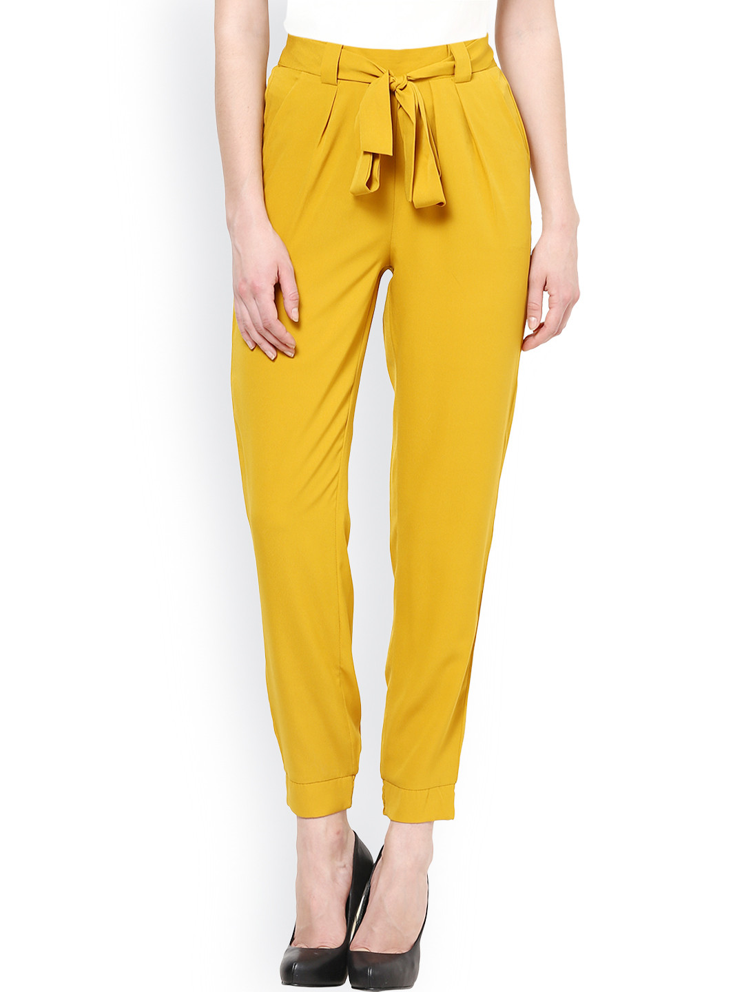 Buy Harpa Women Mustard Yellow Solid Trousers - Trousers for Women 805322 | Myntra