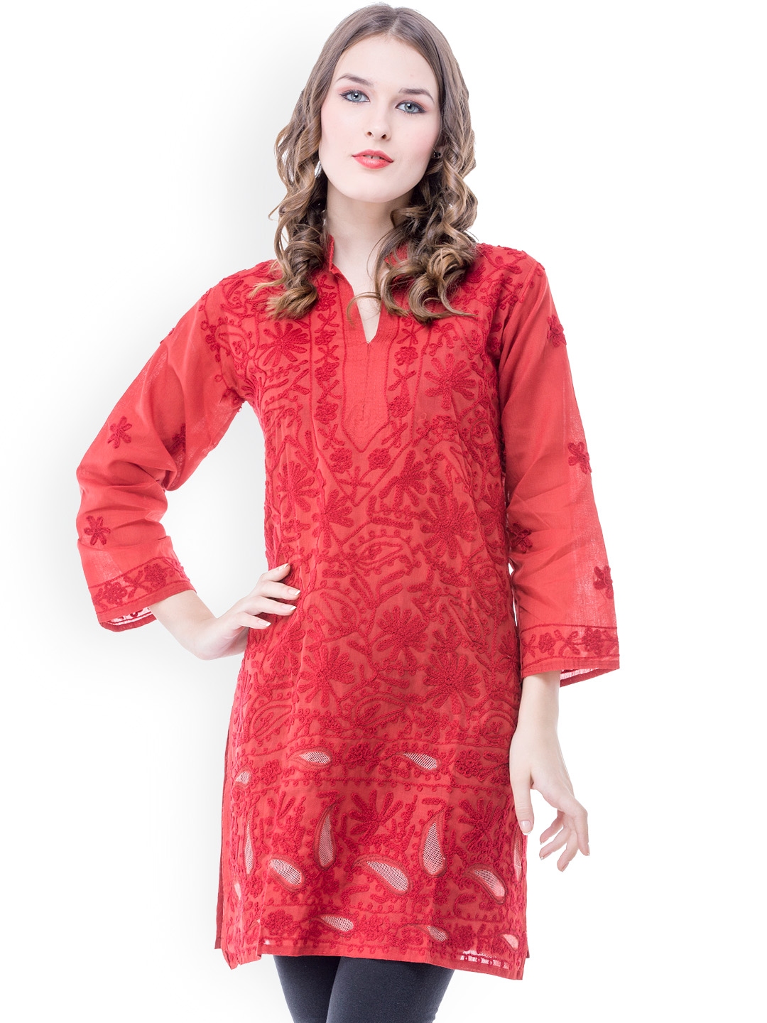 red chikan kurta