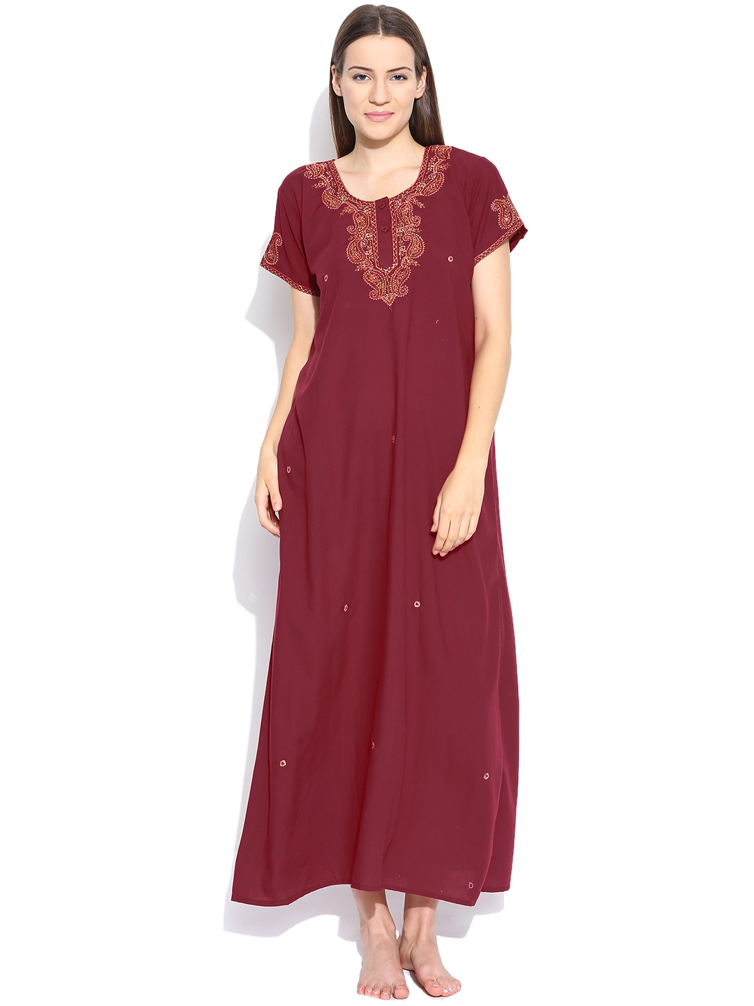 Buy Sand Dune Maroon Embroidered Maxi Nightdress 1330 - Nightdress for ...