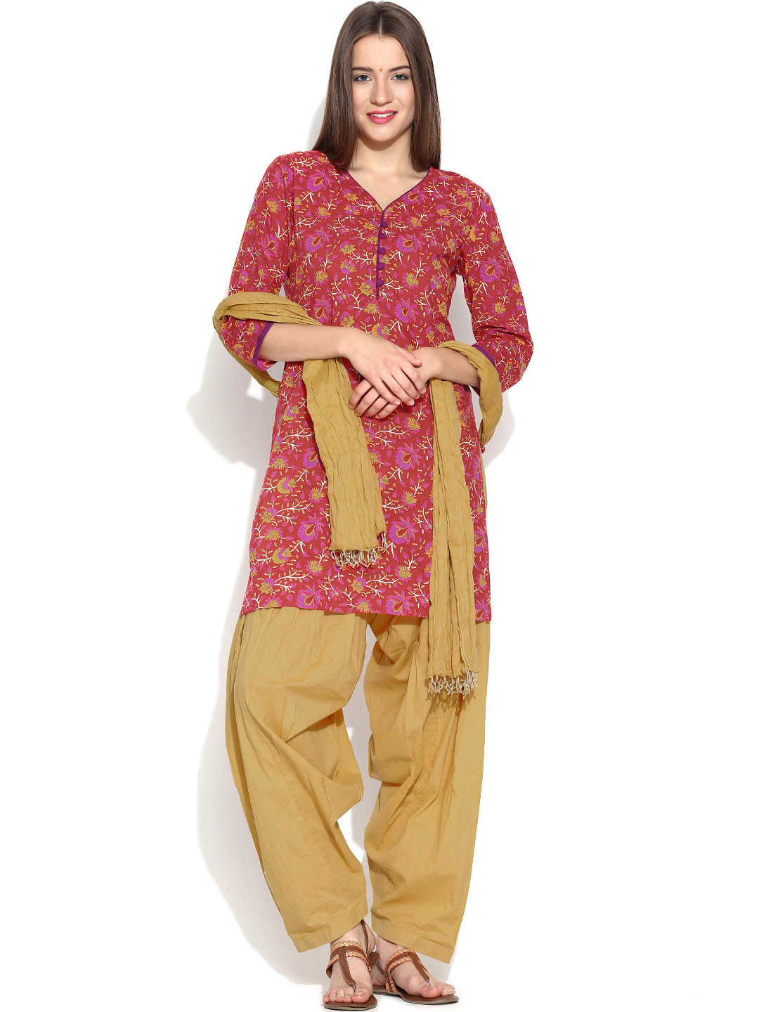 Buy Jaipur Kurti Red & Khaki Floral Print Salwar Suit With Dupatta - Kurta Sets for Women 876204 