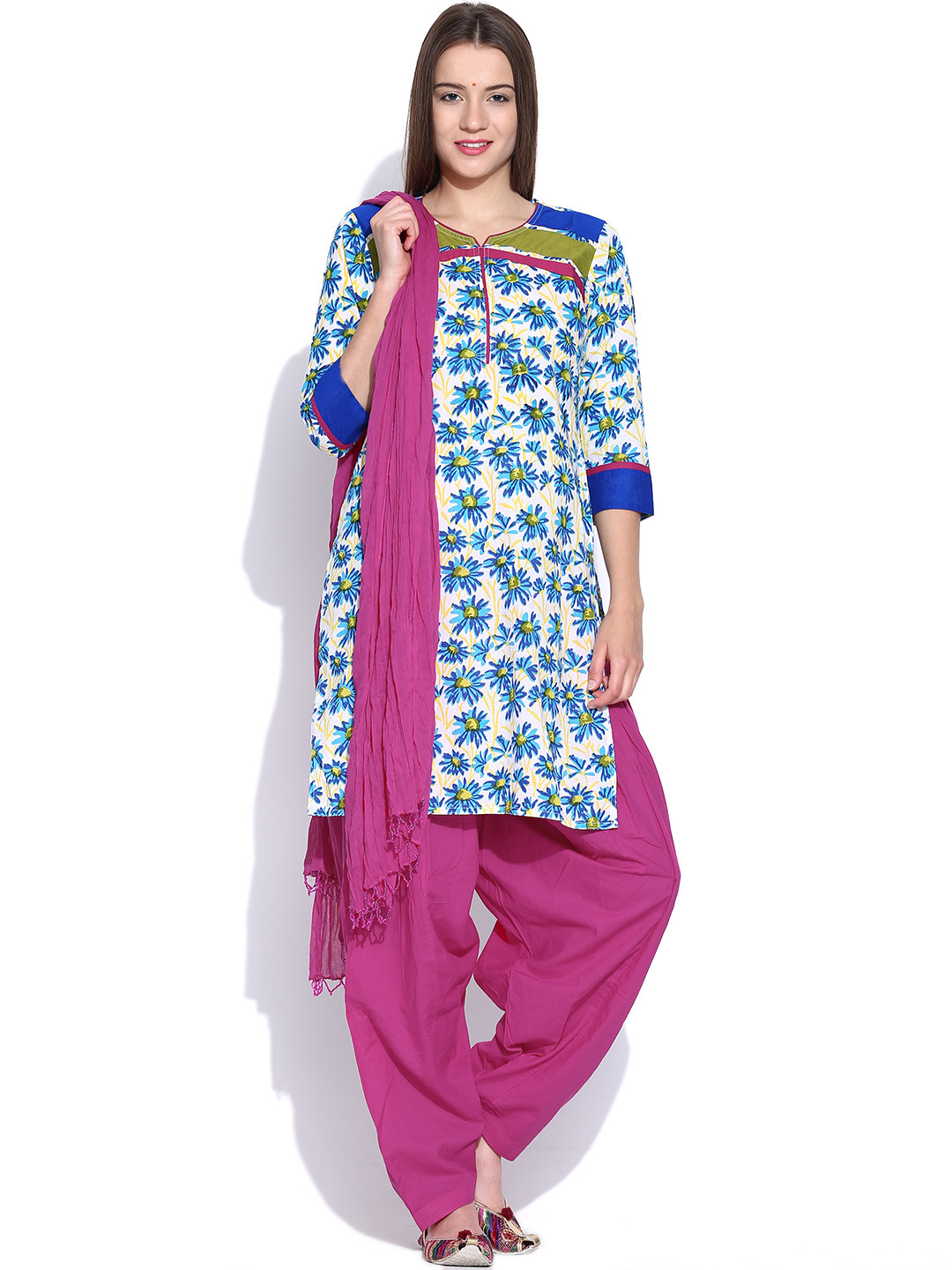Buy Jaipur Kurti White & Magenta Floral Print Salwar Suit With Dupatta - Kurta Sets for Women 