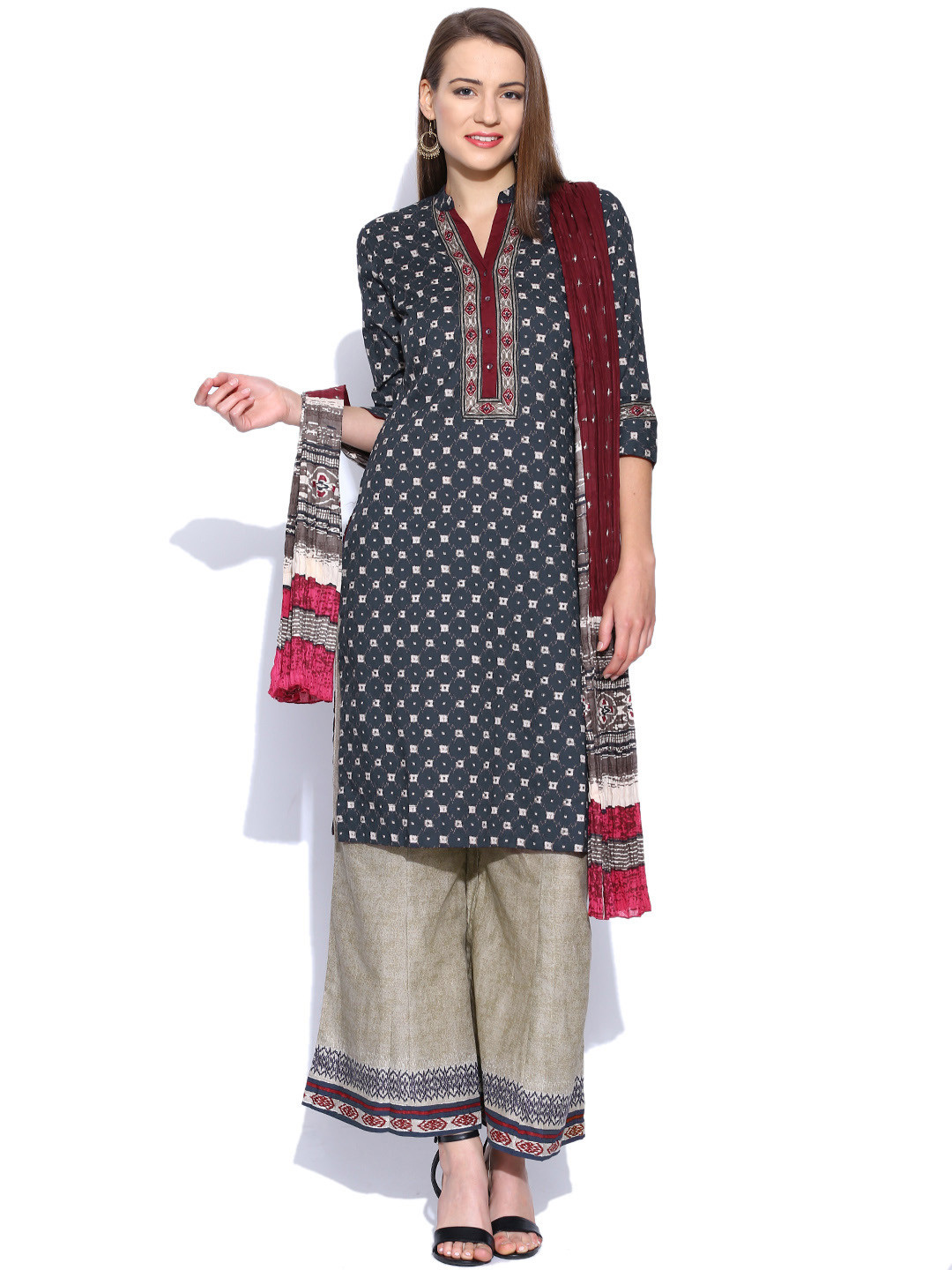 Buy BIBA Dark Grey & Beige Printed Kurta With Palazzo Trousers