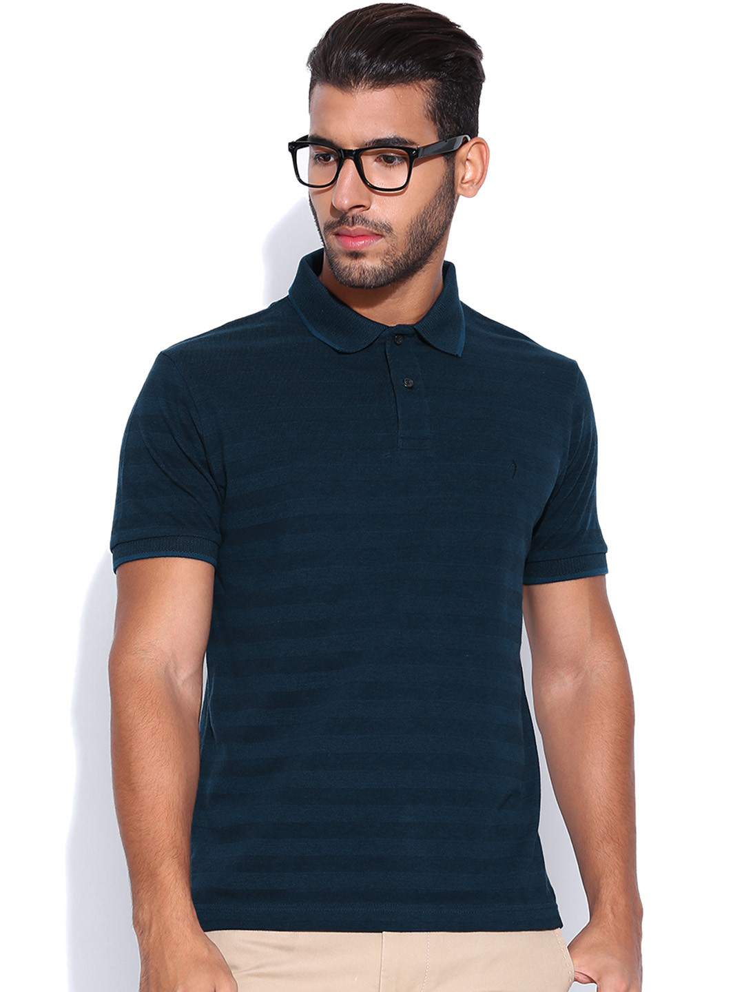 Buy Indian Terrain Navy Self Striped Polo Pure Cotton T Shirt Tshirts