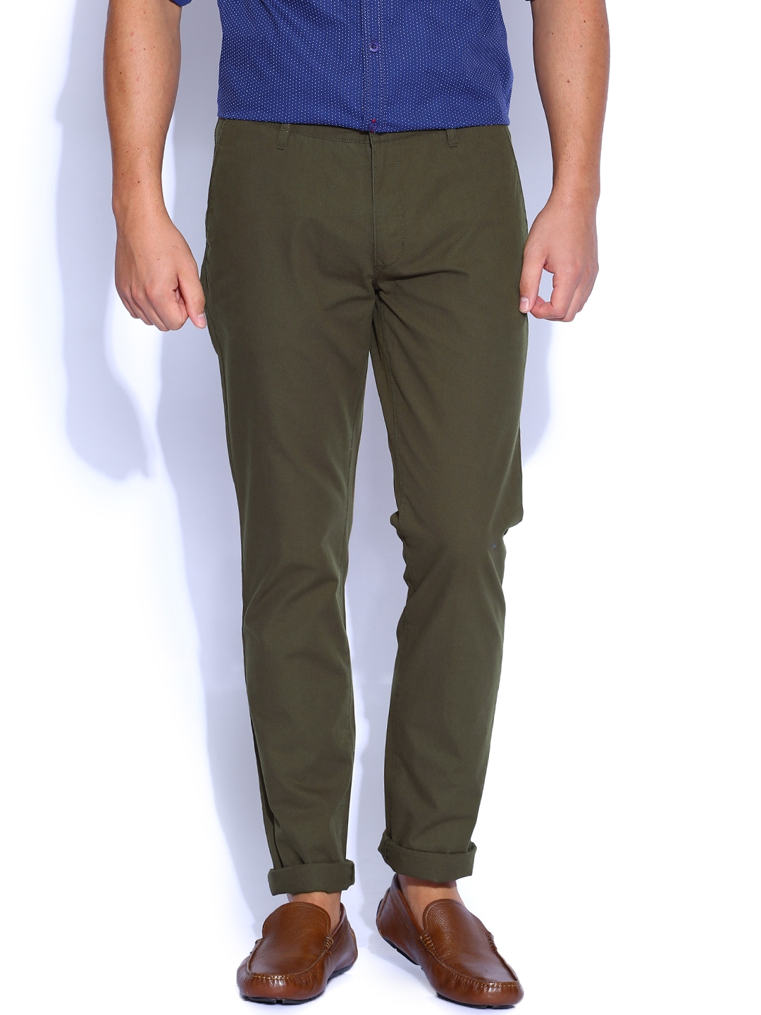 Buy John Players Olive Green Slim Fit Trousers - Trousers for Men ...
