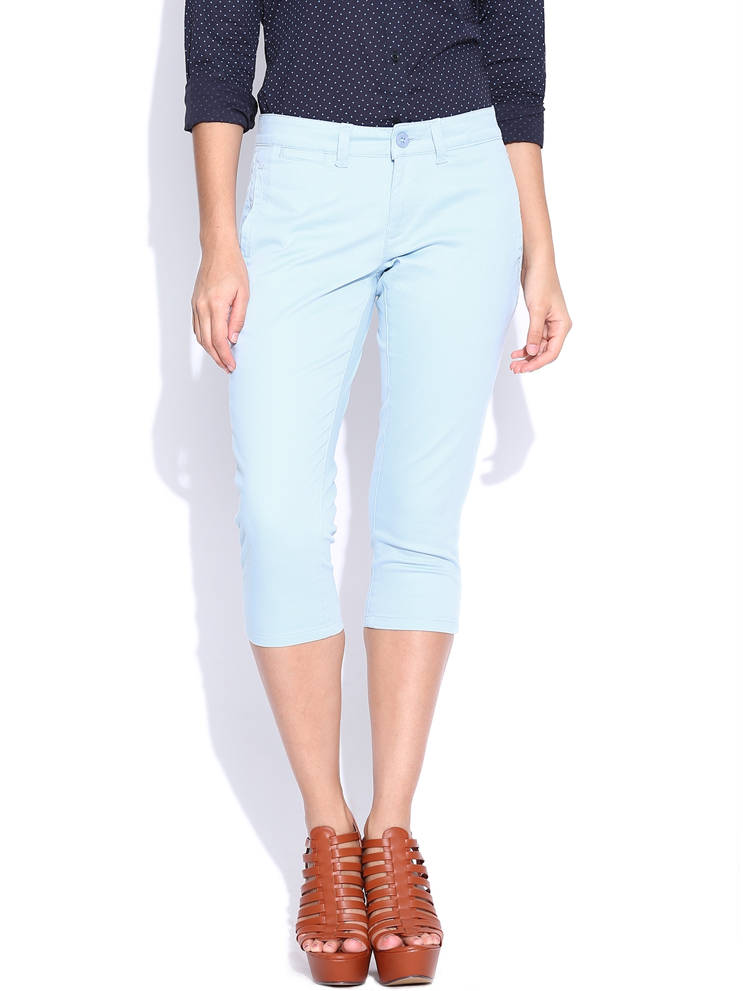 Buy American Swan Light Blue Regular Fit Solid Capris - Capris for ...
