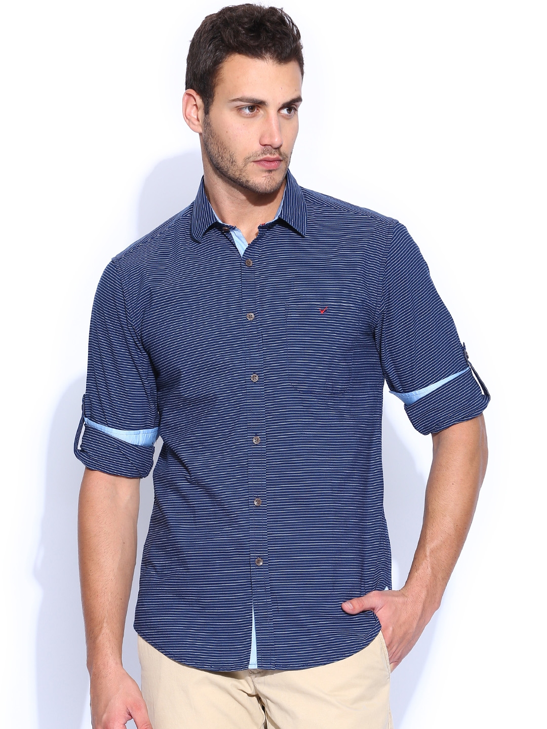 Buy Wills Lifestyle Blue & White Striped Slim Casual Shirt - Shirts for ...