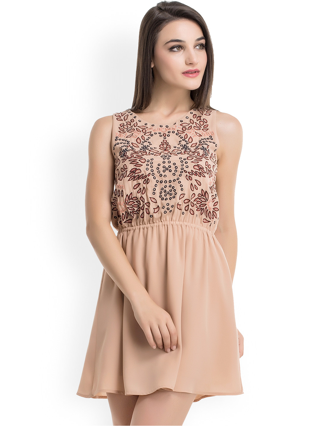 Buy Kazo Nude Coloured Embroidered Fit & Flare Dress Dresses for