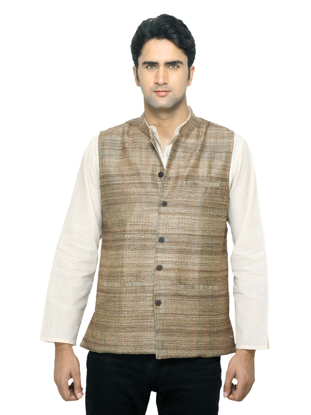 Buy Fabindia Men Brown Silk Sleeveless Jacket Nehru Jackets for Men