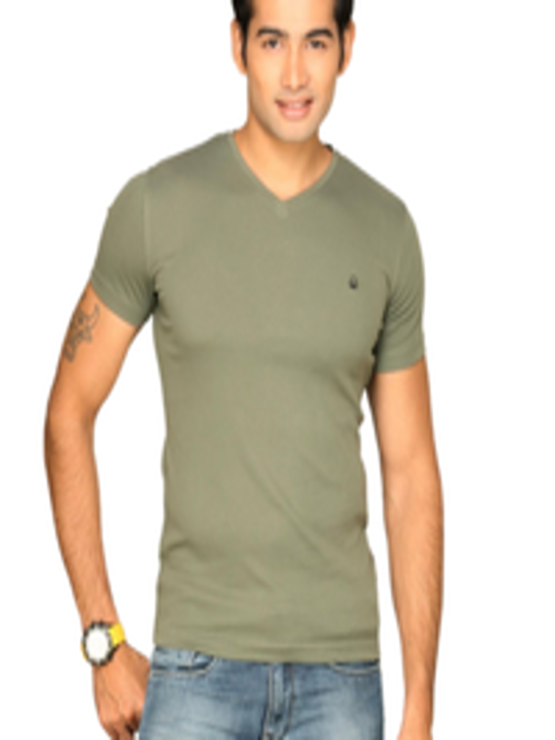 Buy UCB Men's Contrast Logo Olive Green T Shirt - Tshirts for Men 6243 ...