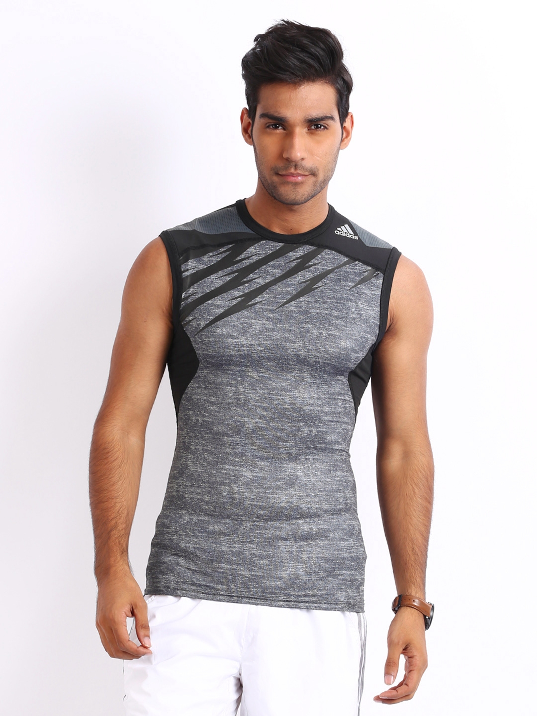 Buy ADIDAS Men Grey Melange & Black Sleeveless Tight Fit T Shirt 