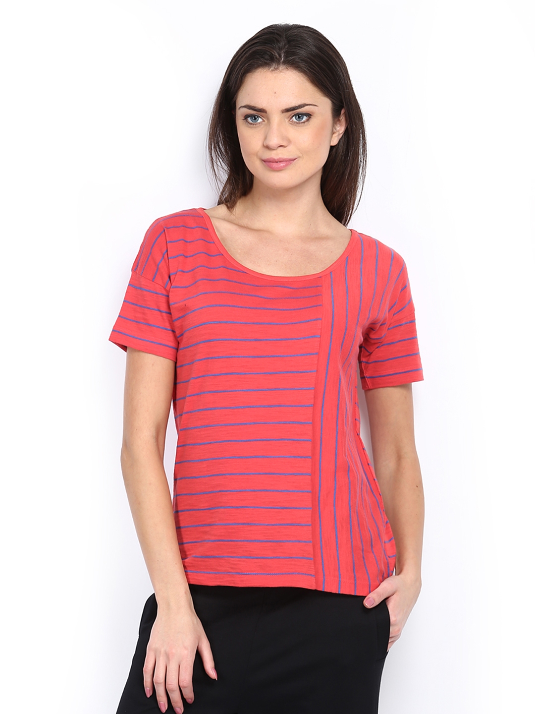 Buy Amari West Women Red Blue Striped Pure Cotton T Shirt - Tshirts for