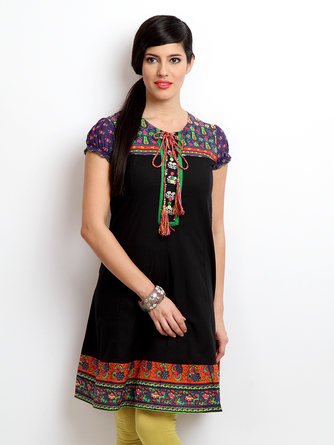 Buy Amari Black A Line Kurta With Printed Detail - Kurtas for Women ...