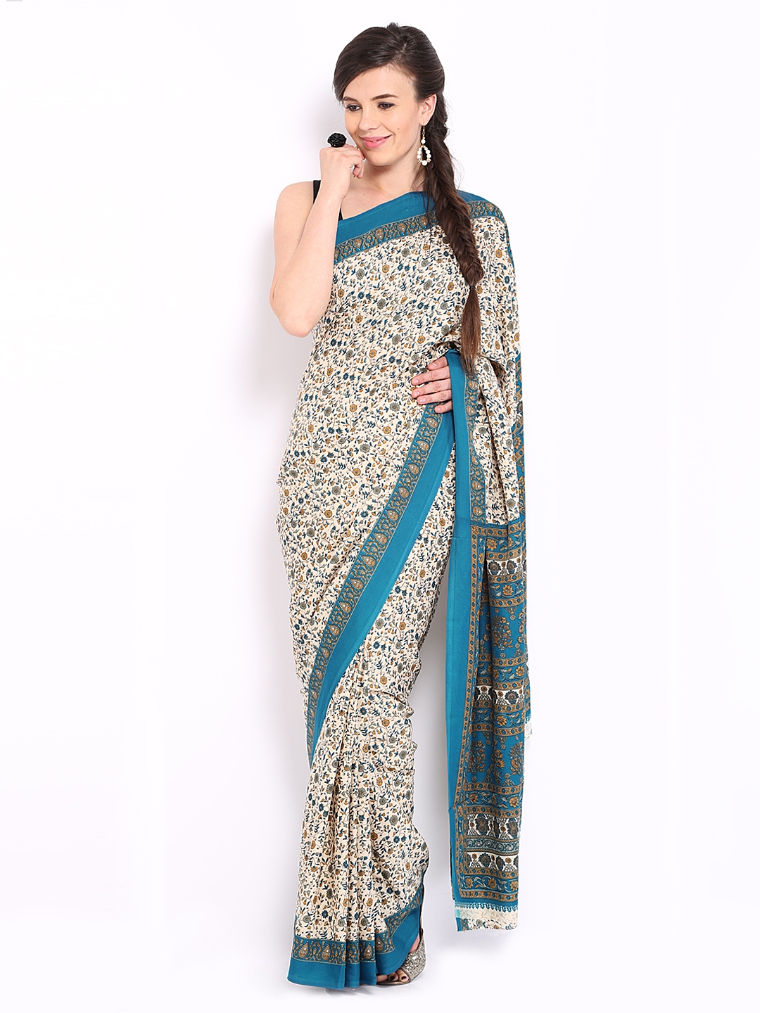Buy Anouk Cream Coloured & Blue Crepe Printed Saree - Sarees for Women ...