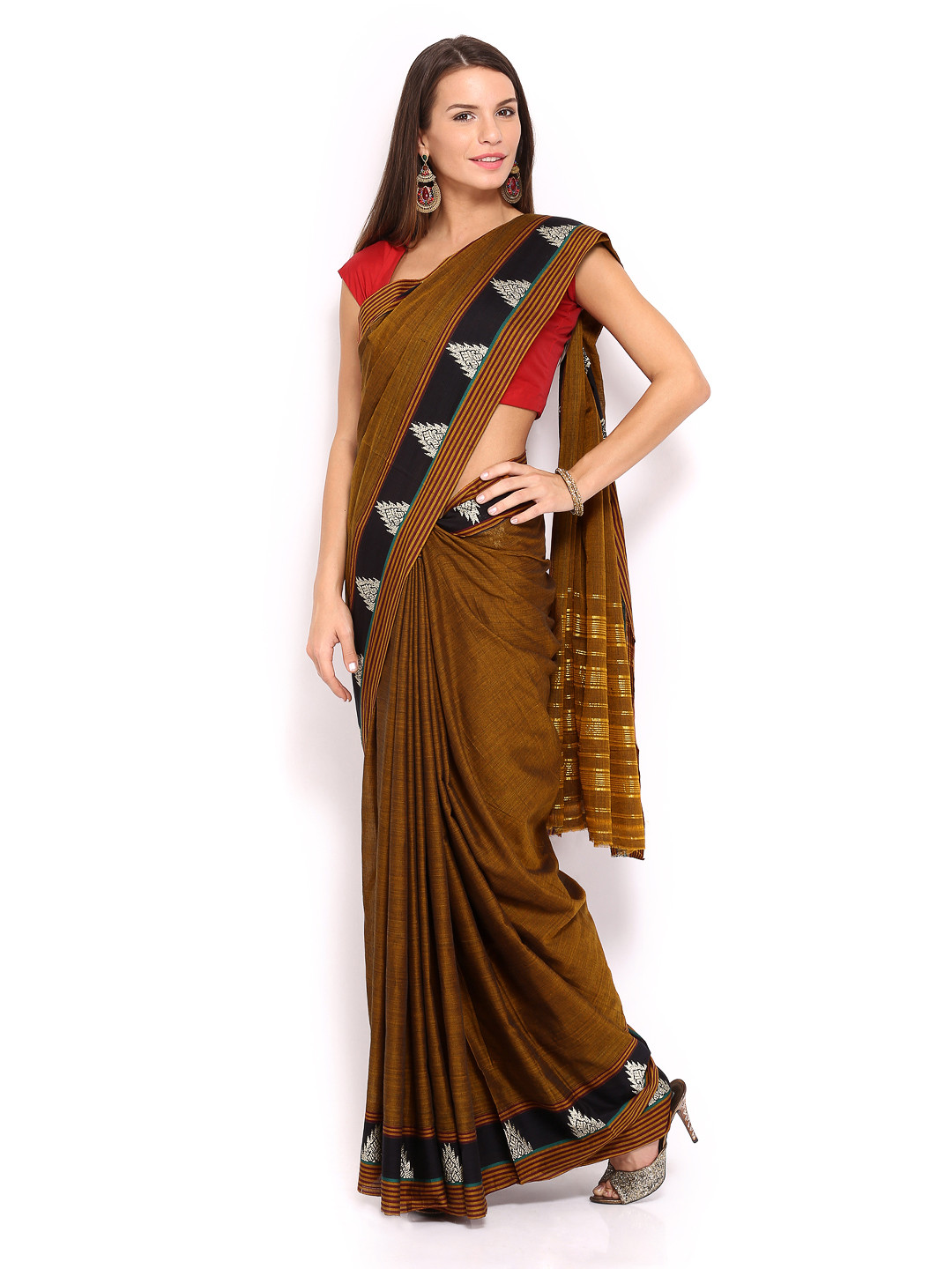 Buy Anouk Mustard Brown Printed Cotton Traditional Saree Sarees for