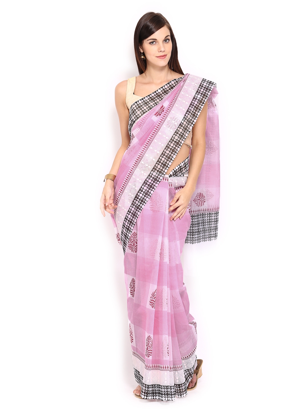 Buy Anouk Pink & White Printed Gadwal Cotton Traditional Saree - Sarees ...