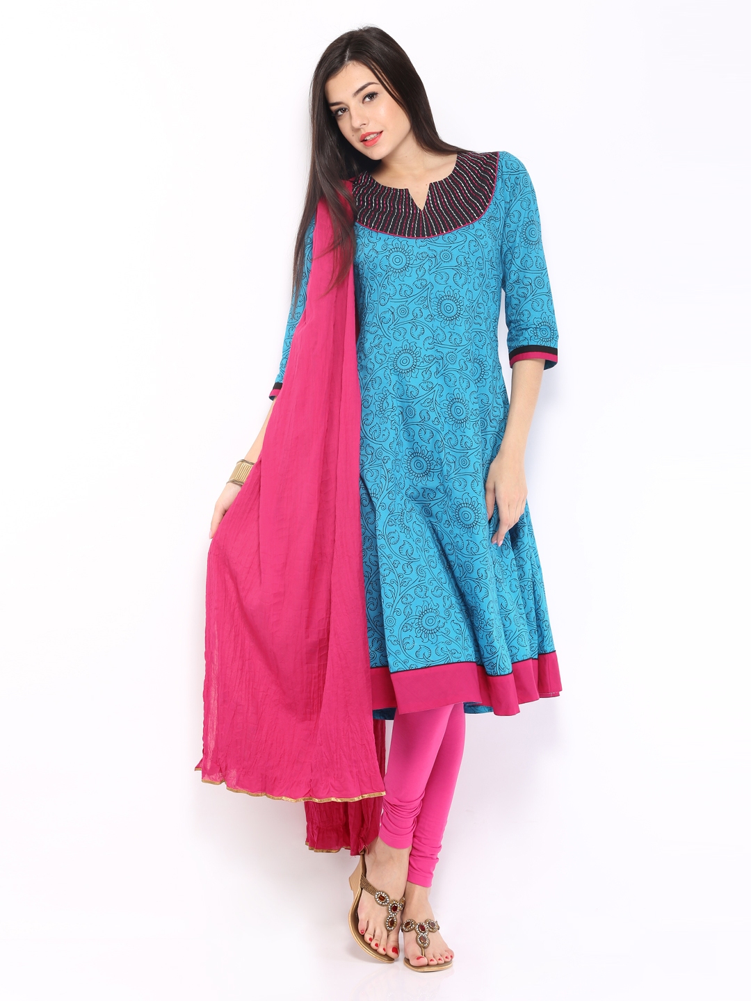 Buy Anouk Women Blue & Pink Printed Anarkali Churidar Kurta With ...